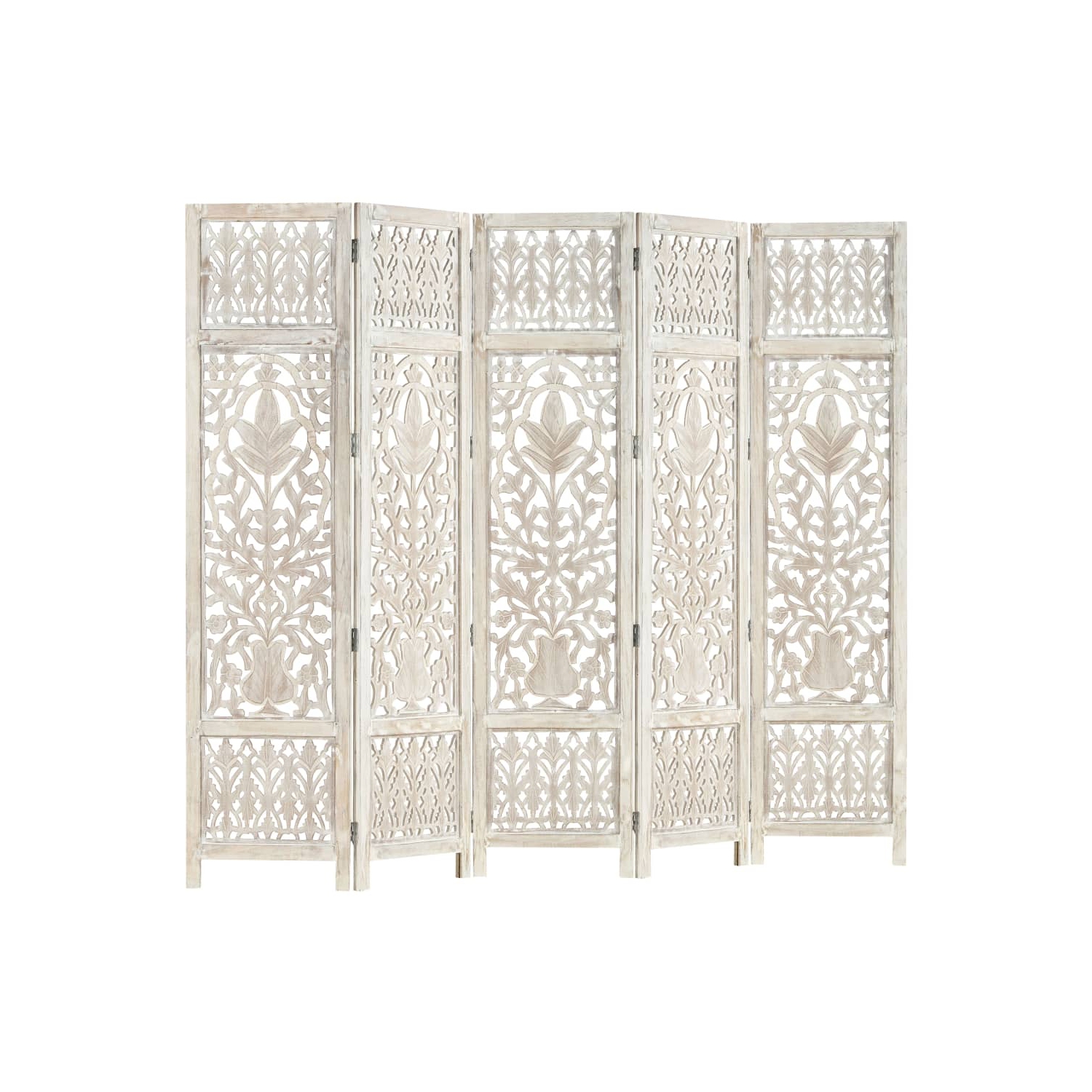 vidaXL Hand carved 5-Panel Room Divider White 78.7"x65" Solid Mango Wood