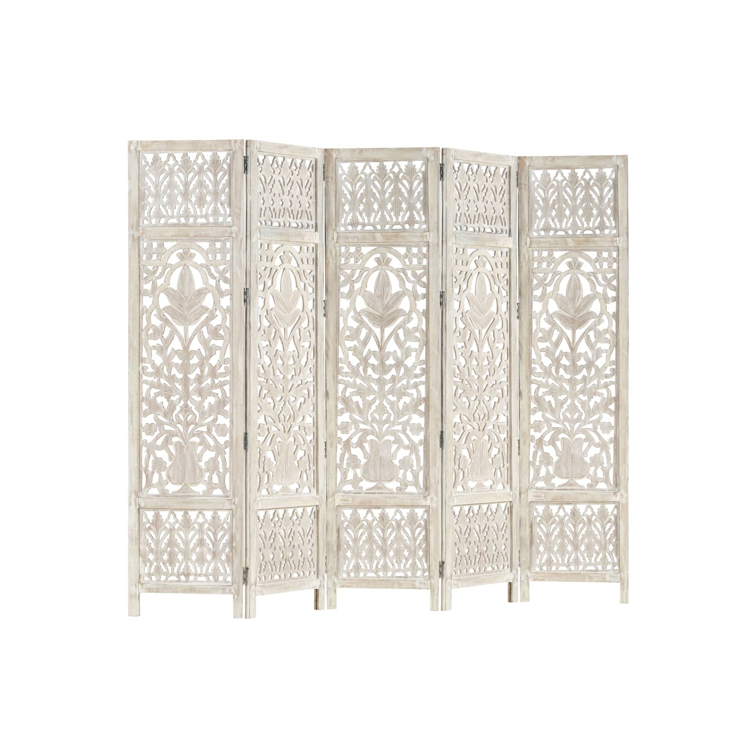 vidaXL Hand carved 5-Panel Room Divider White 78.7"x65" Solid Mango Wood