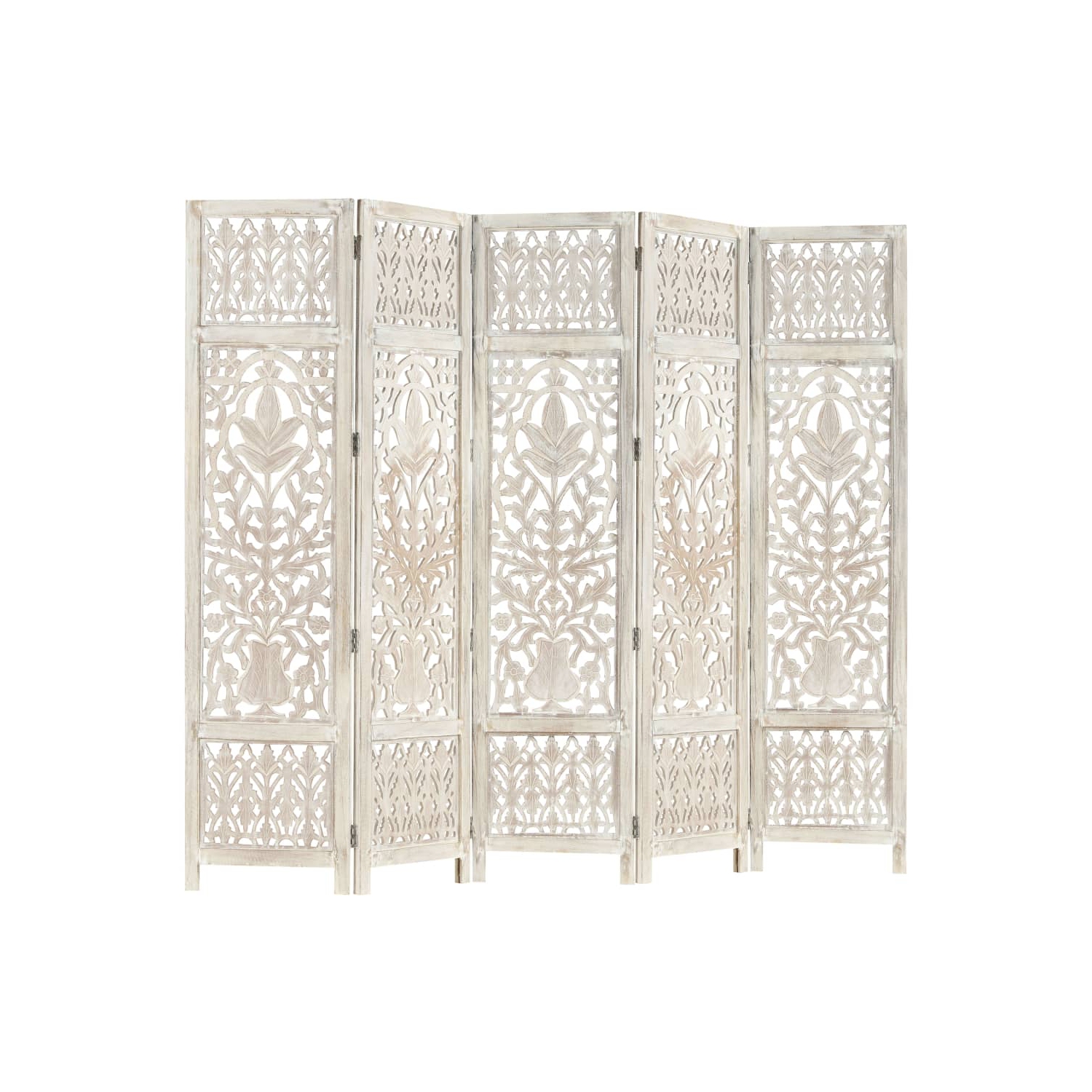 vidaXL Hand carved 5-Panel Room Divider White 78.7"x65" Solid Mango Wood