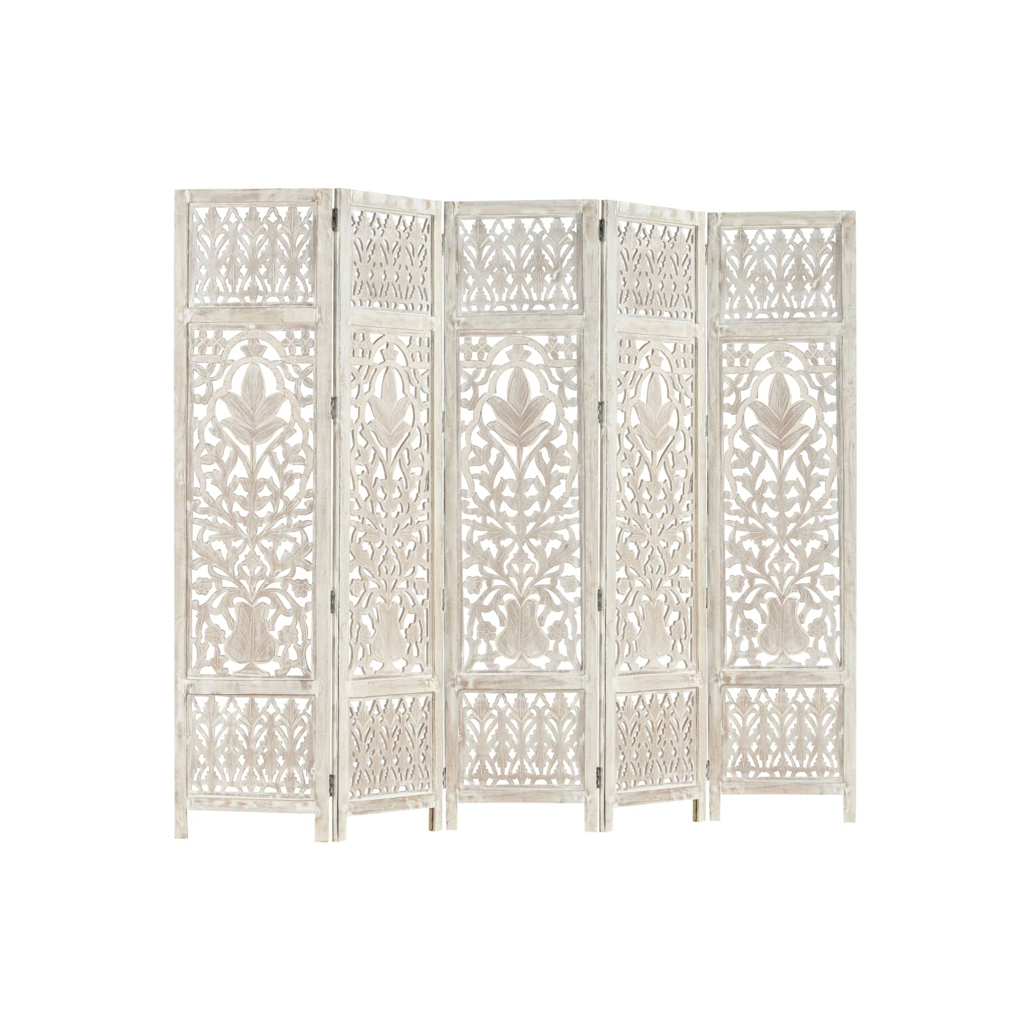 vidaXL Hand carved 5-Panel Room Divider White 78.7"x65" Solid Mango Wood