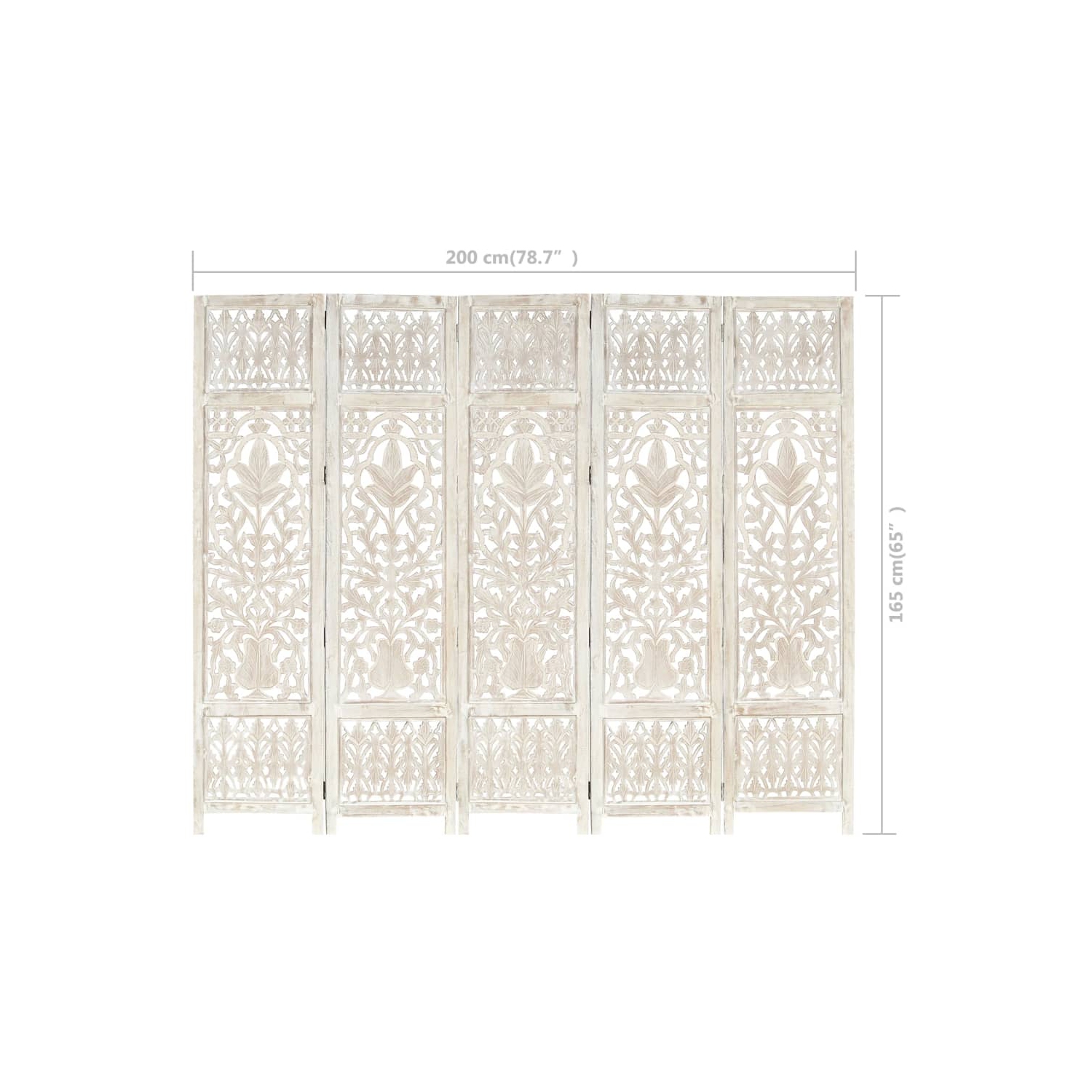 vidaXL Hand carved 5-Panel Room Divider White 78.7"x65" Solid Mango Wood