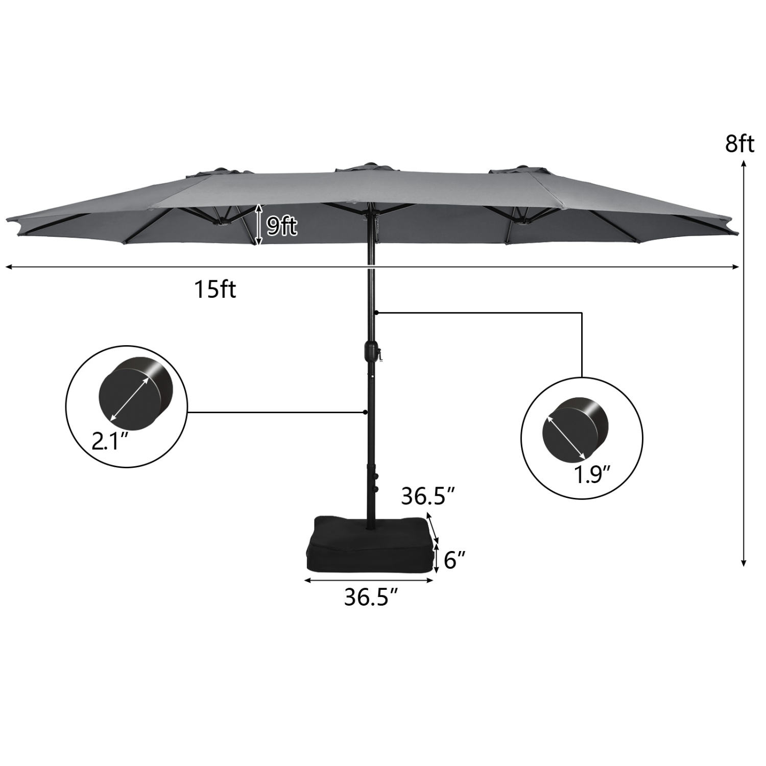 Parasol de patio double face de 15 pi avec base très grand parasol de marché pour l’extérieur de PatioJoy