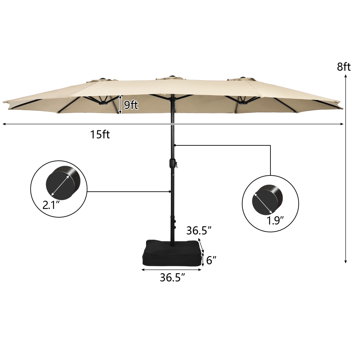 Parasol de patio double face de 15 pi avec base très grand parasol de marché pour l’extérieur de PatioJoy