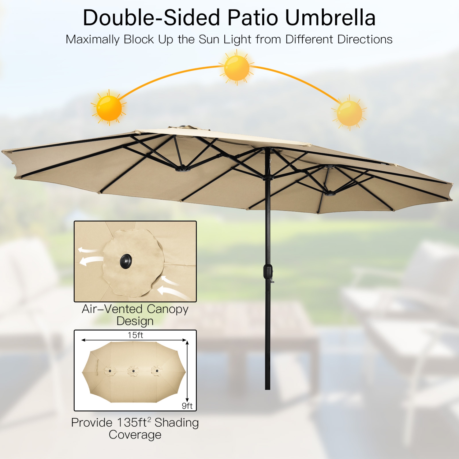 Parasol de patio double face de 15 pi avec base très grand parasol de marché pour l’extérieur de PatioJoy