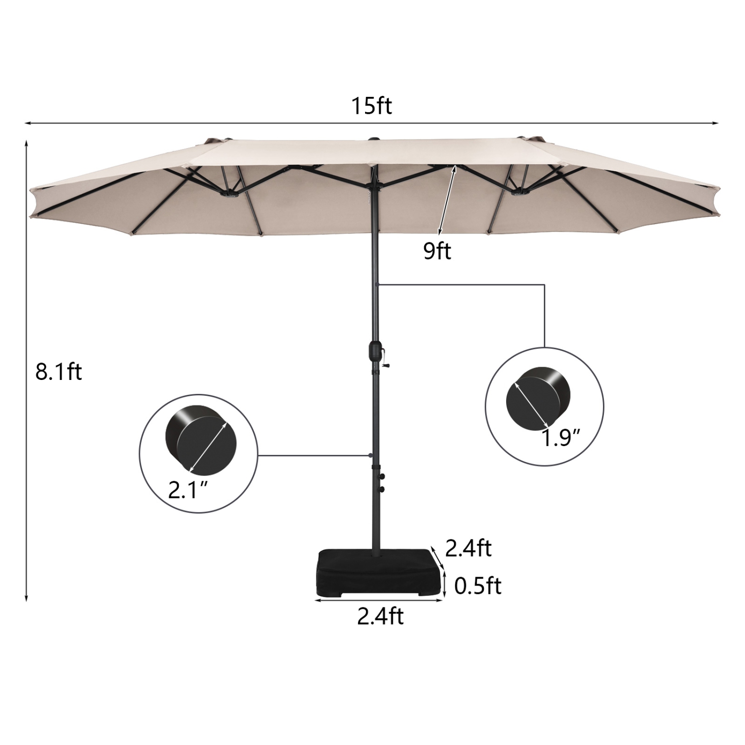 Parasol de patio double face de 15 pi et très grand parasol marché beige/café/gris/orange/turquoise/vin de PatioJoy