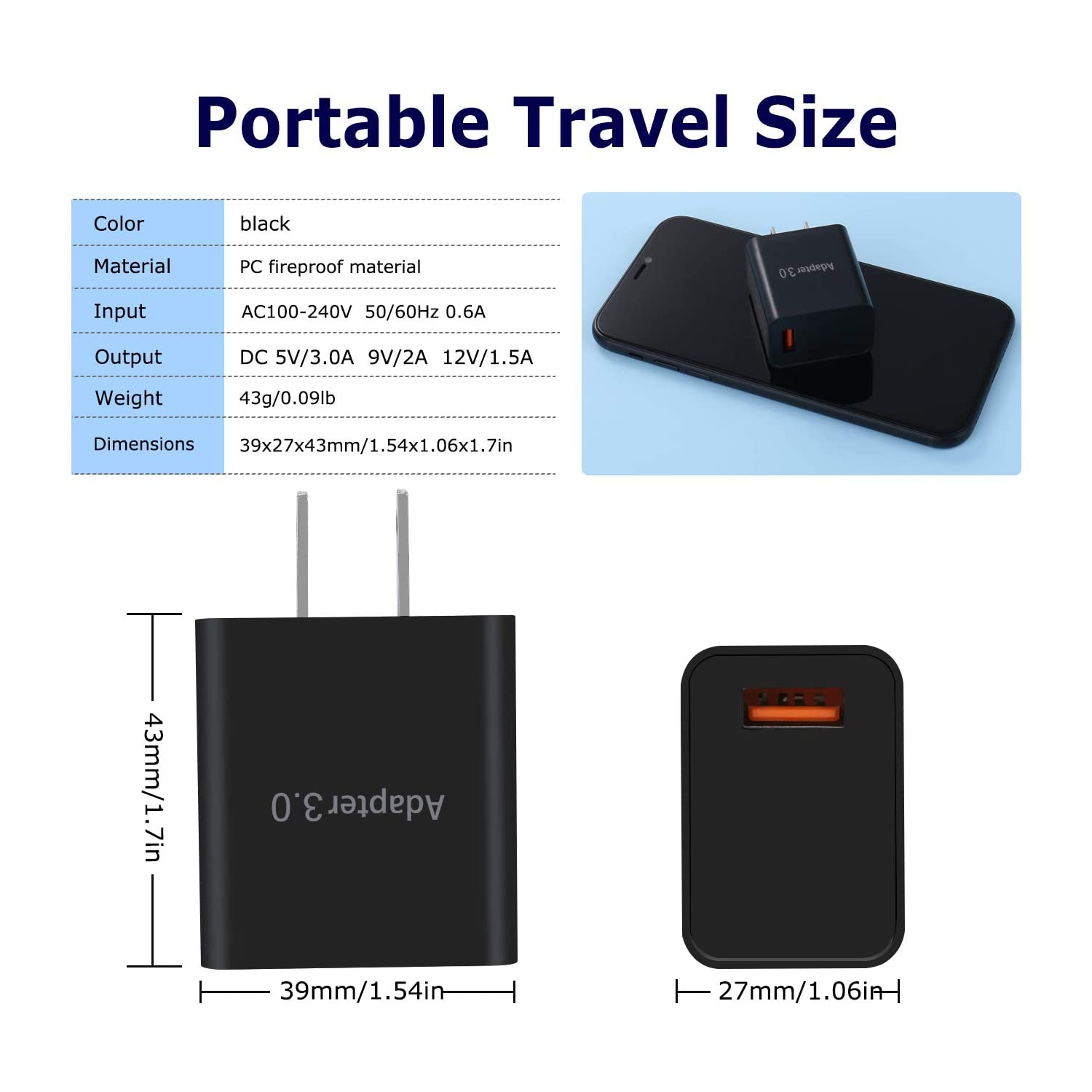 Chargeur mural Fast charge 3.0, adaptateur d’alimentation USB de 18 W Bloc de recharge rapide pour chargeur sans fil,