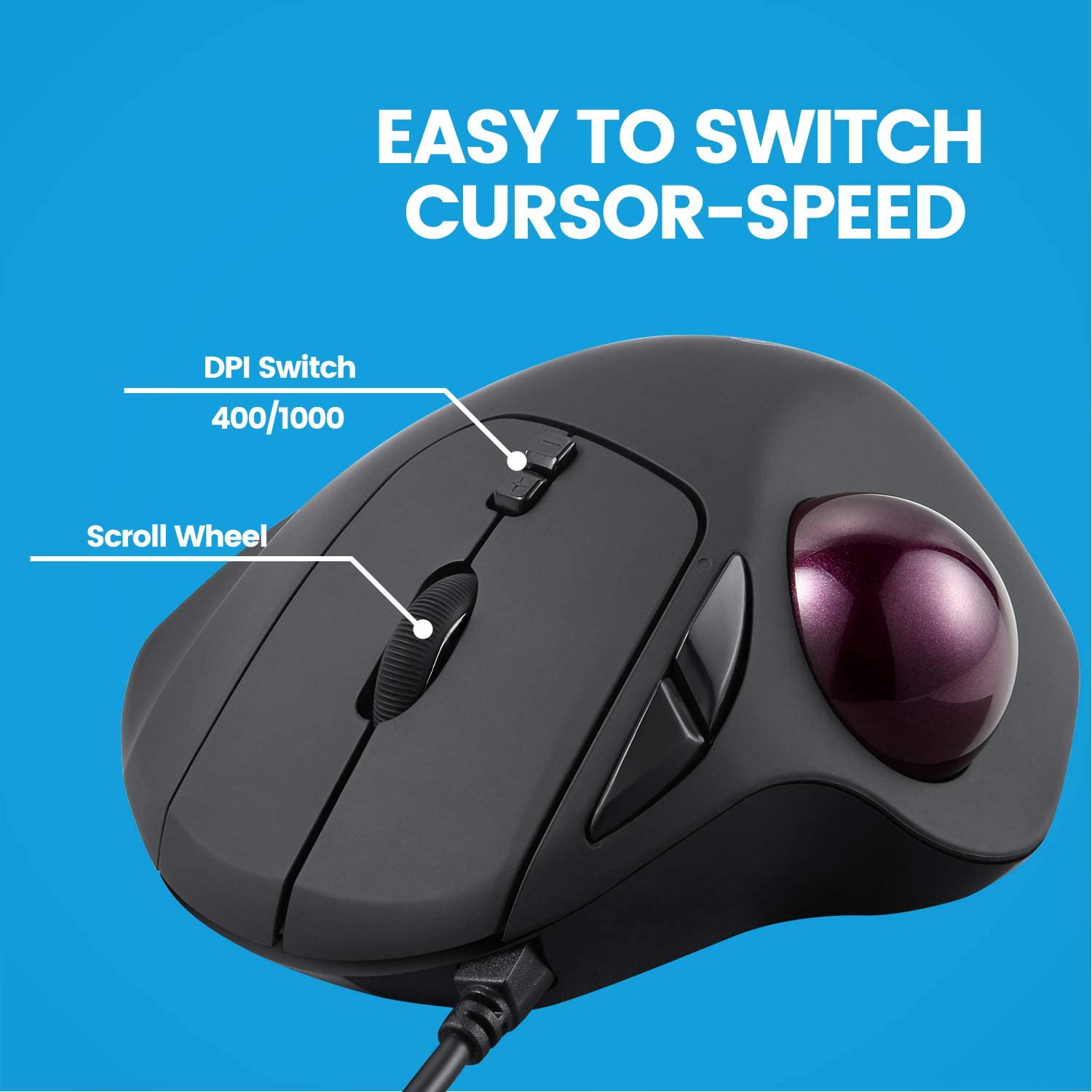 PERIMICE-517 Wired Ergonomic Trackball Mouse - 7 Button Design - DPI 400/1000