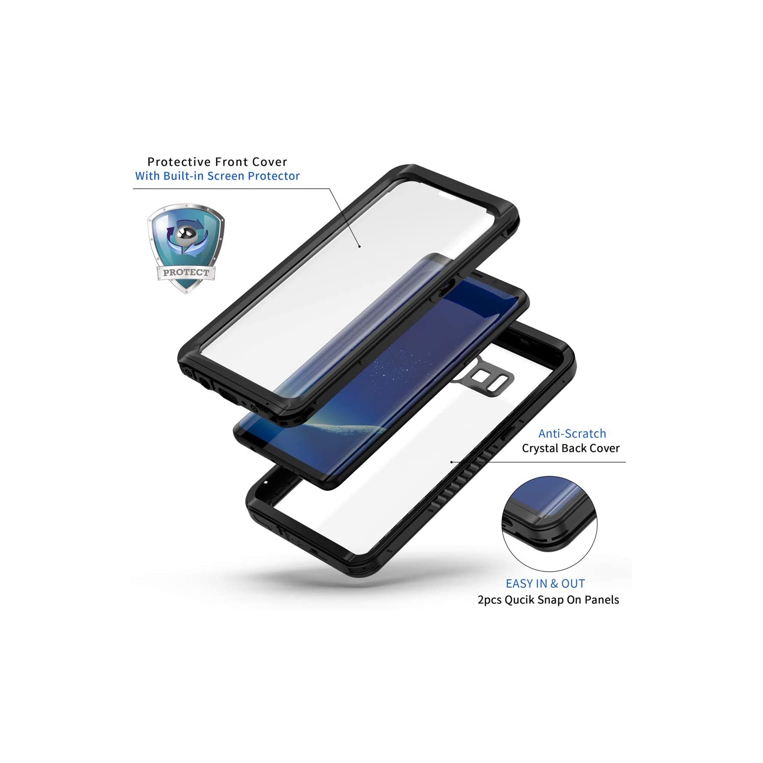 Étui pour Galaxy S8+, étui étanche et hermétique à la poussière IP68 avec protecteur d’écran intégré, boîtier complet