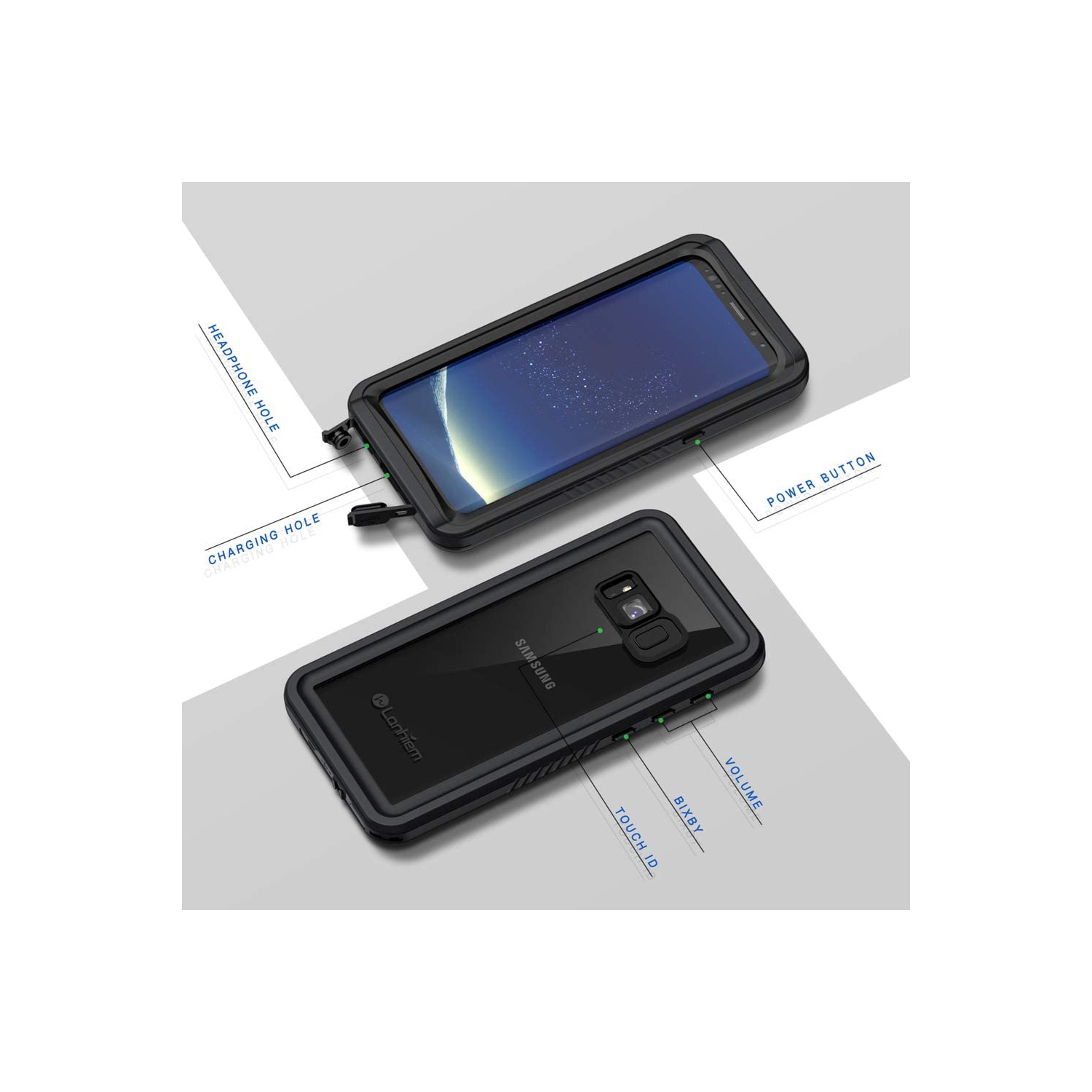 Étui pour Galaxy S8+, étui étanche et hermétique à la poussière IP68 avec protecteur d’écran intégré, boîtier complet