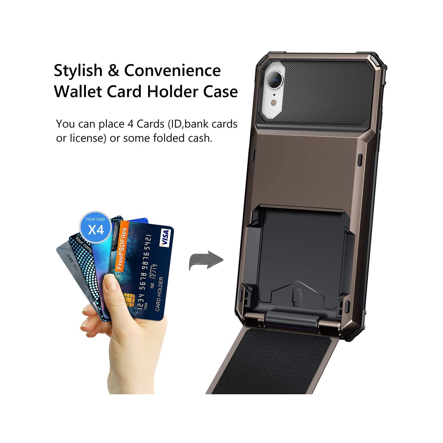 Cover for iPhone XR Case Wallet 4-Card Holder Slot Flip Door Hidden Back Pocket Scratch-Proof Dual Layer Hybrid