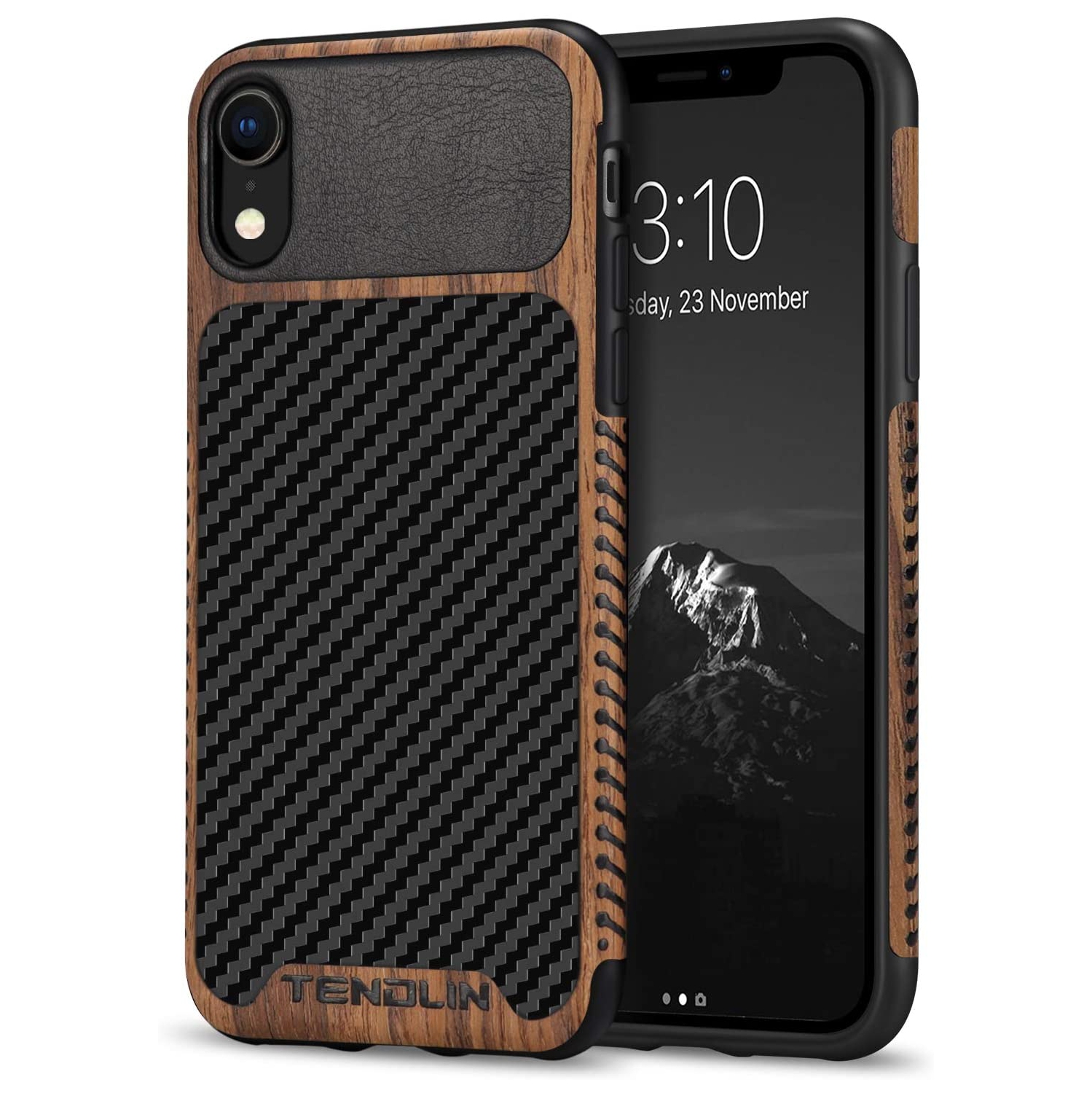Compatible with iPhone XR Case Wood Grain with Carbon Fiber Texture Design Leather Hybrid Slim Case Compatible