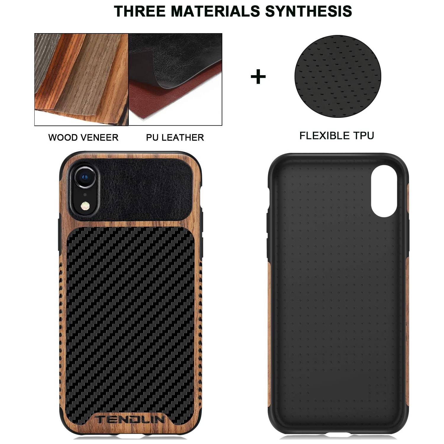 Compatible with iPhone XR Case Wood Grain with Carbon Fiber Texture Design Leather Hybrid Slim Case Compatible