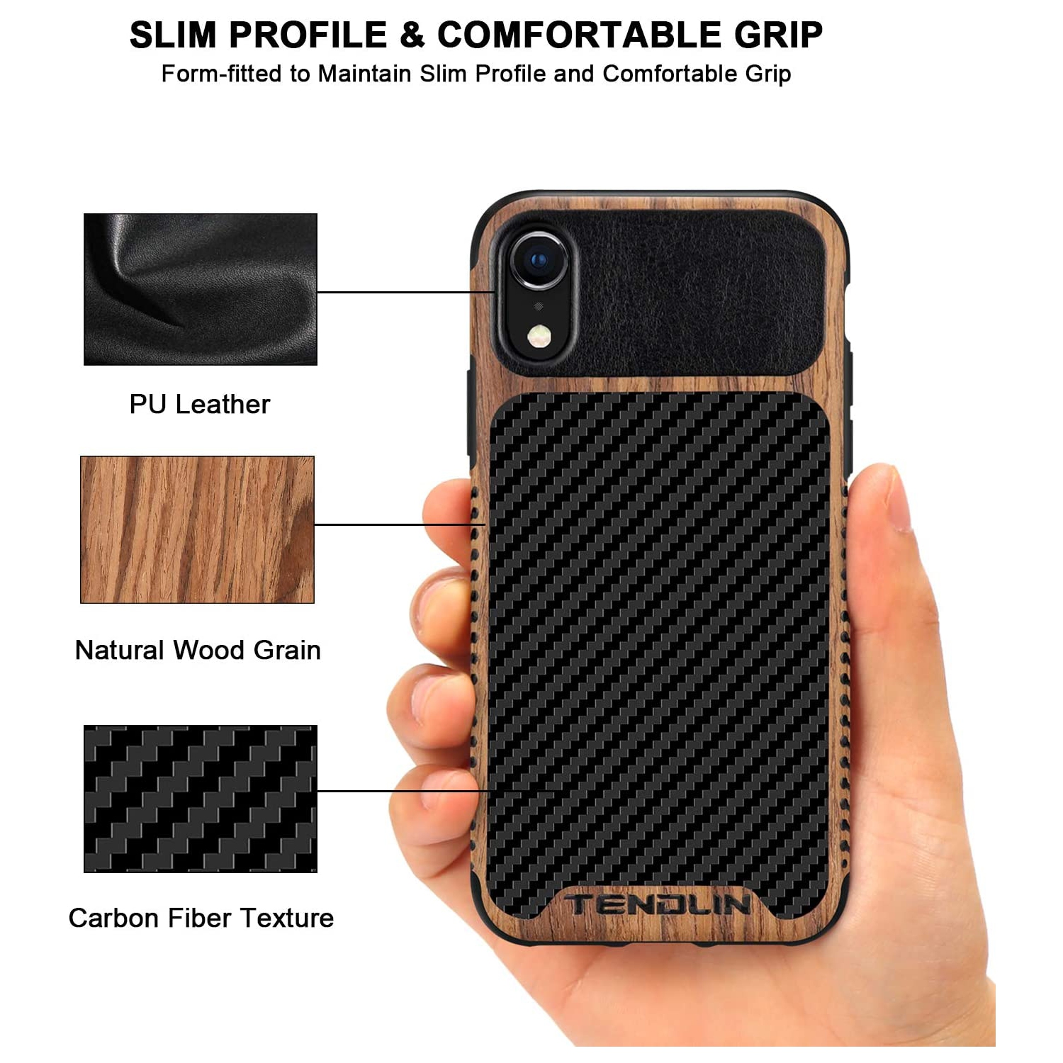 Compatible with iPhone XR Case Wood Grain with Carbon Fiber Texture Design Leather Hybrid Slim Case Compatible