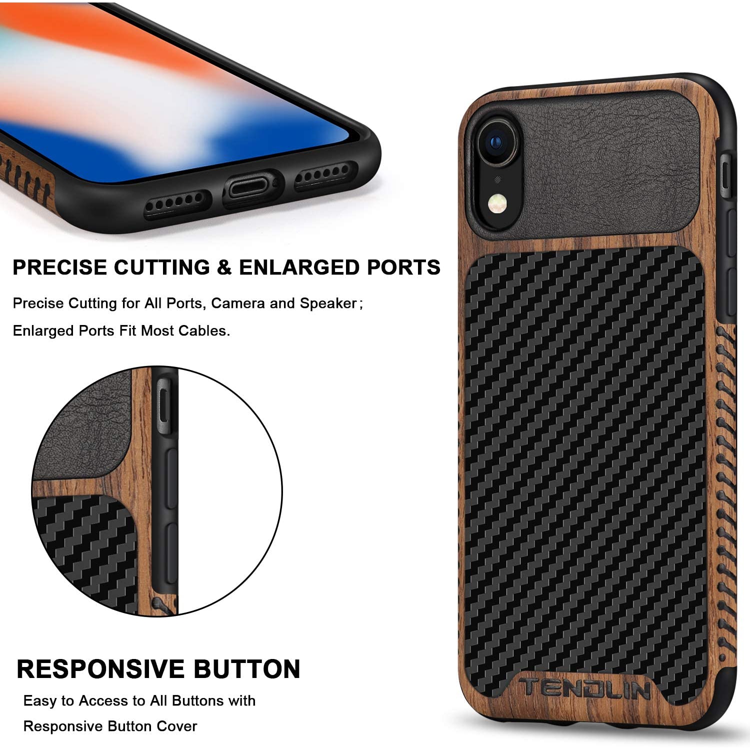 Compatible with iPhone XR Case Wood Grain with Carbon Fiber Texture Design Leather Hybrid Slim Case Compatible