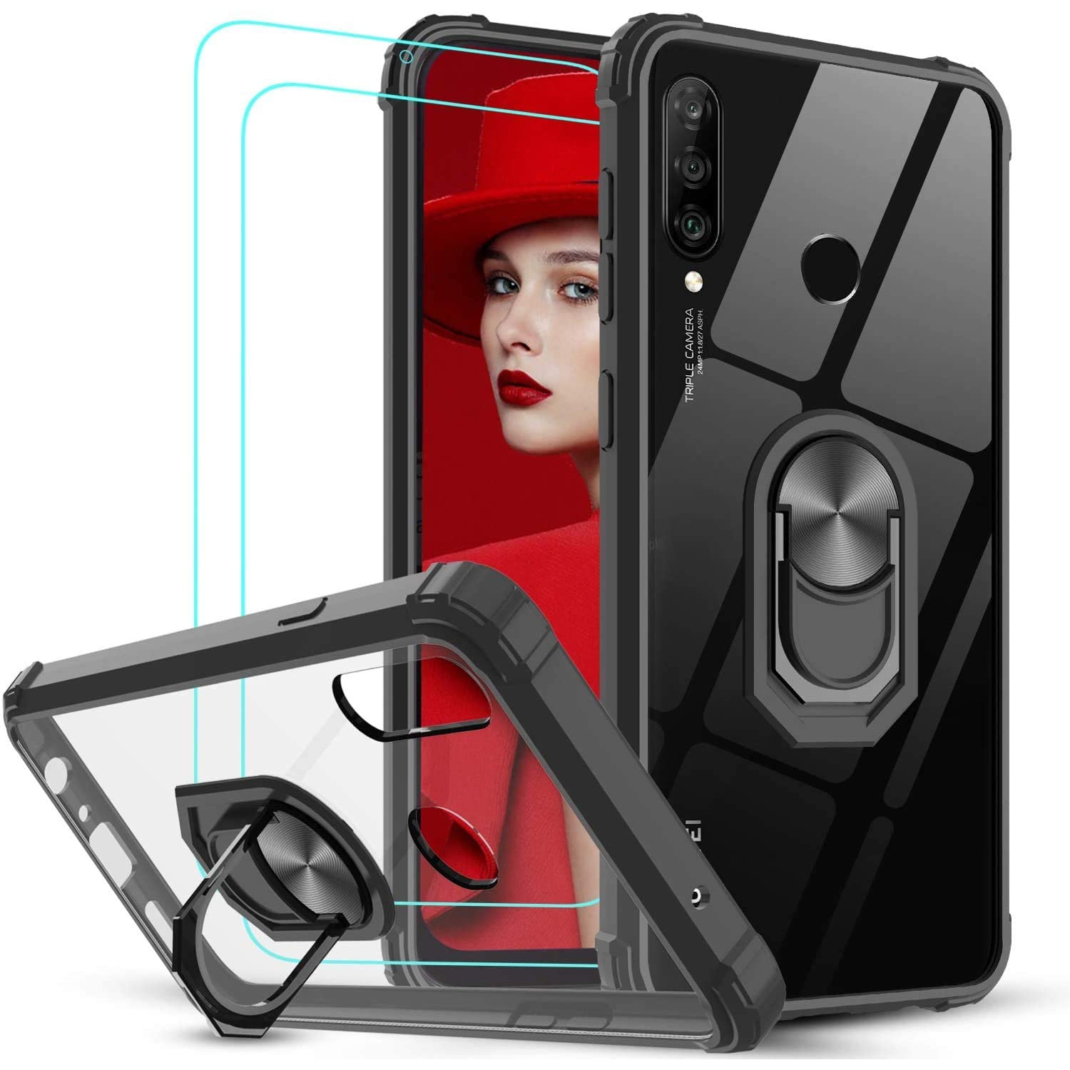 Case for Huawei P30 Lite Phone Case with 2 Pack Tempered Glass Screen Protector, Crystal Clear Ring Holder