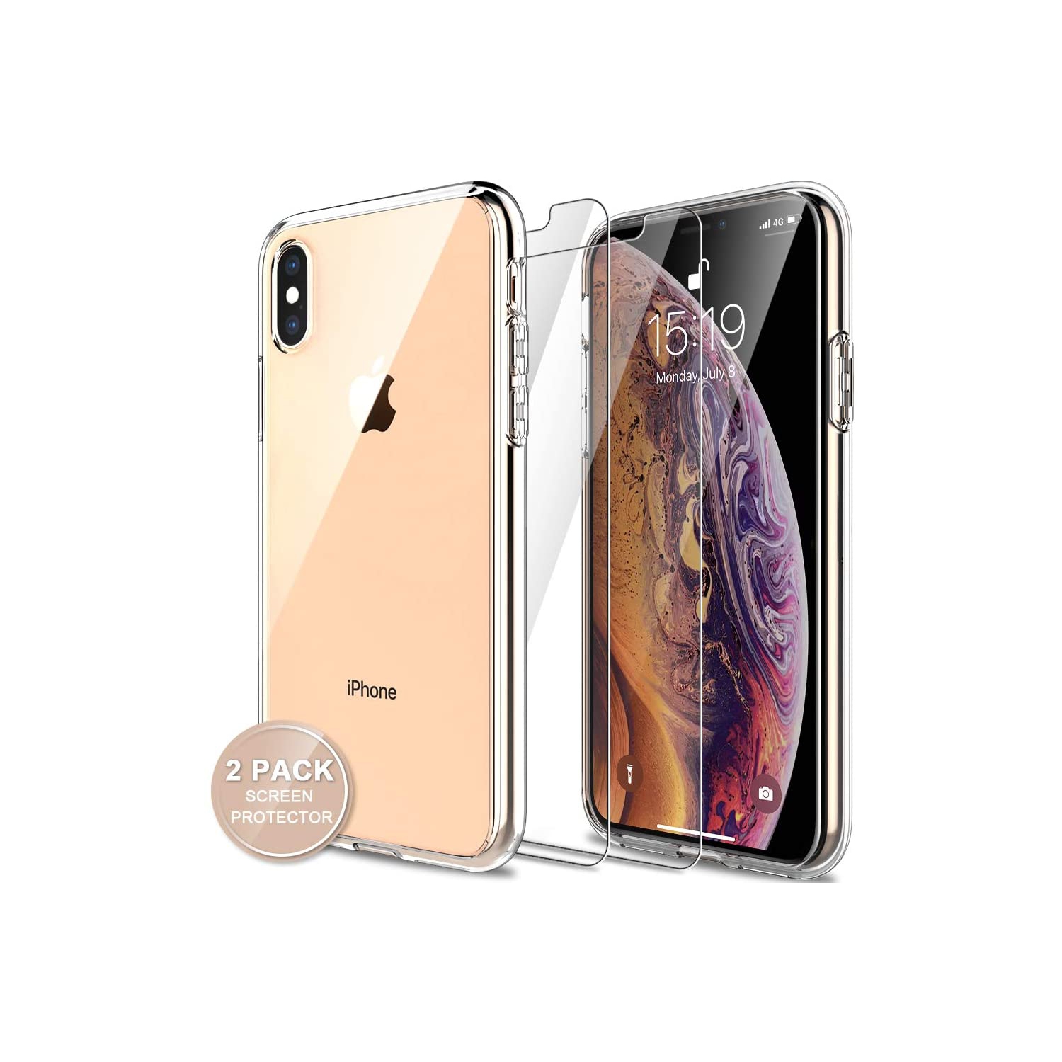 Case for iPhone Xs/X with 2 Pack Screen Protector Tempered Glass, [Shock-Absorption] Full Protection Case -Clear