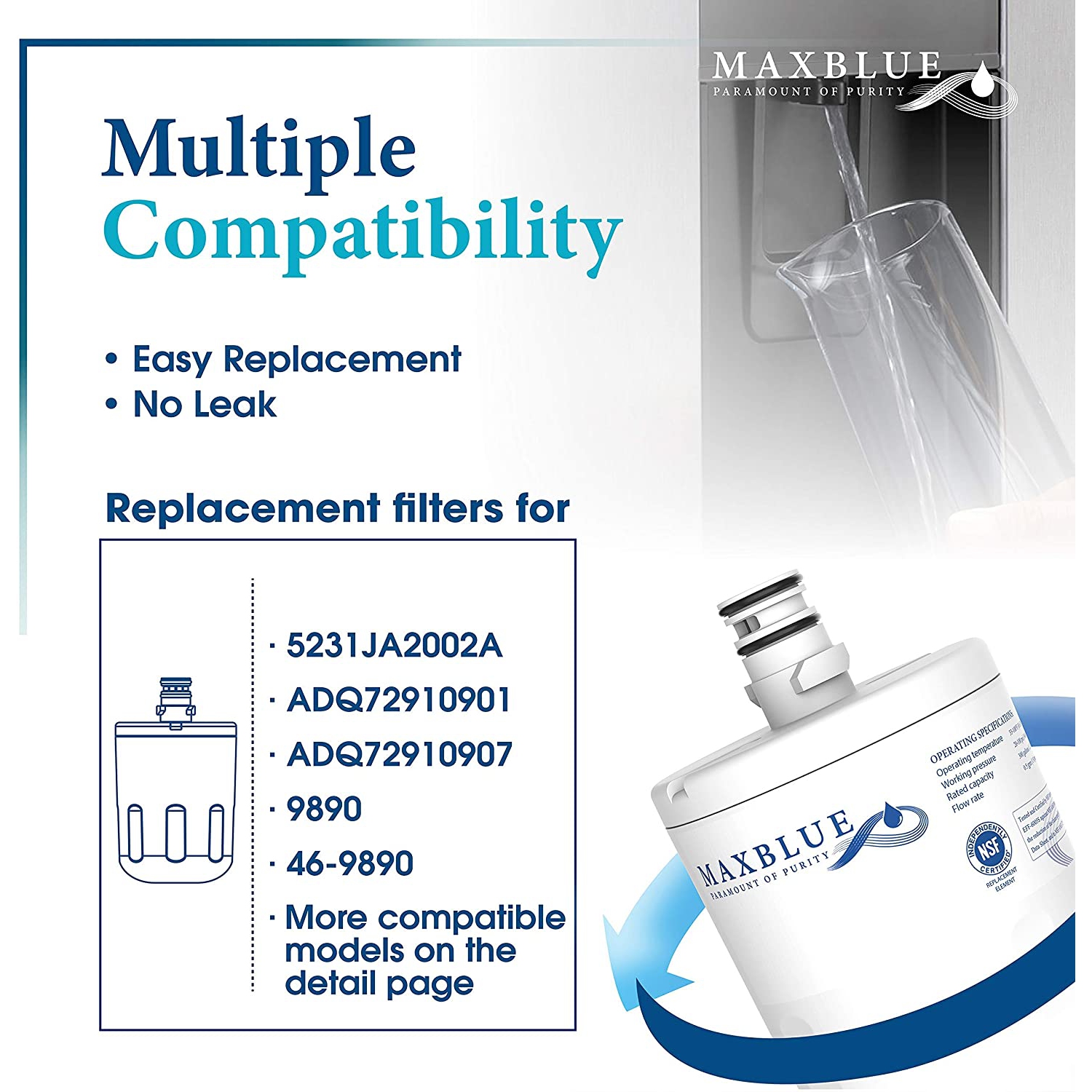 5231JA2002A Refrigerator Water Filter, Replacement for LG LT500P, GEN11042FR-08, LFX25974ST, ADQ72910901,