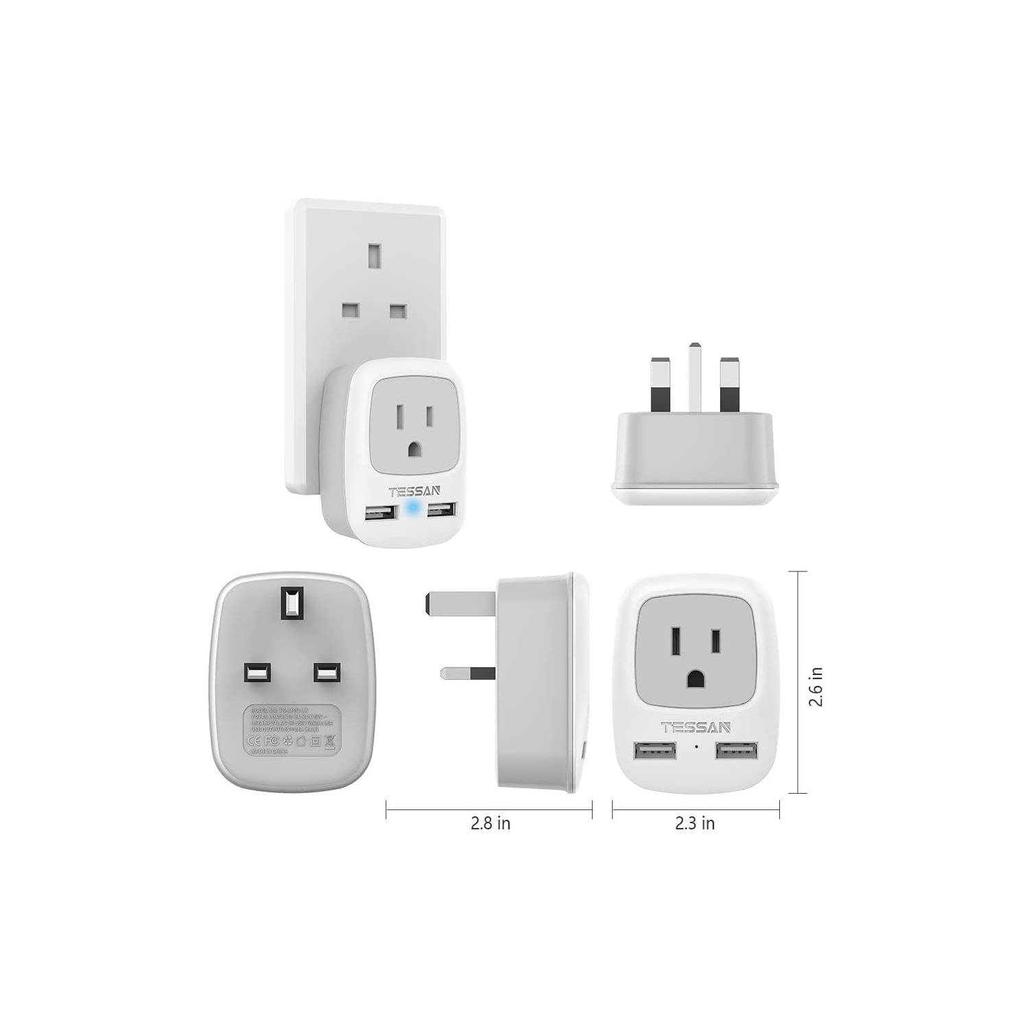 UK Ireland Hong Kong Plug Adapter, International Travel Adaptor with Dual USB Charging Ports, Power Outlet Wall