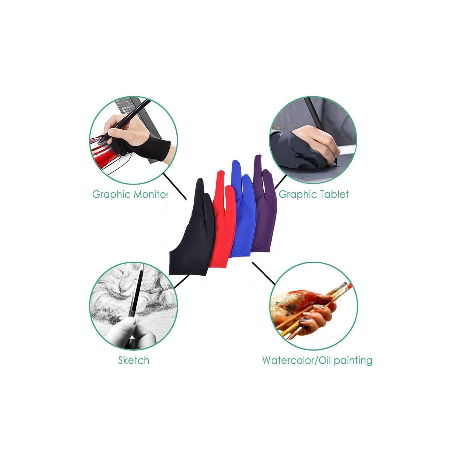 Gants d’artiste de 5 pièces pour tablette à dessin, gants anti-fautes à deux doigts, gants à dessin pour tablette, artiste numérique