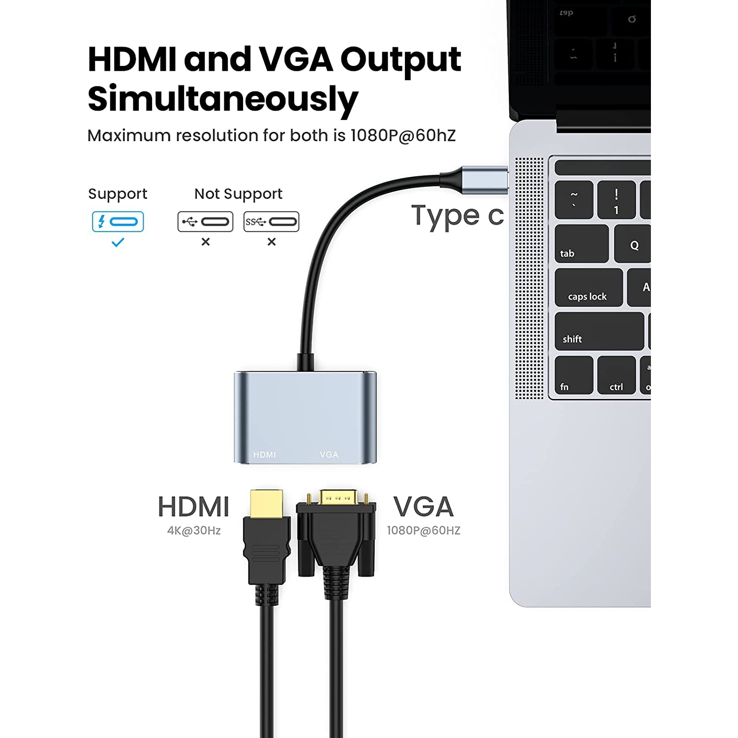 USB C to HDMI VGA Adapter, 2-in-1 USB C Hub with 4K HDMI, 1080P VGA,Type C to HDMI Converter for MacBook/MacBook