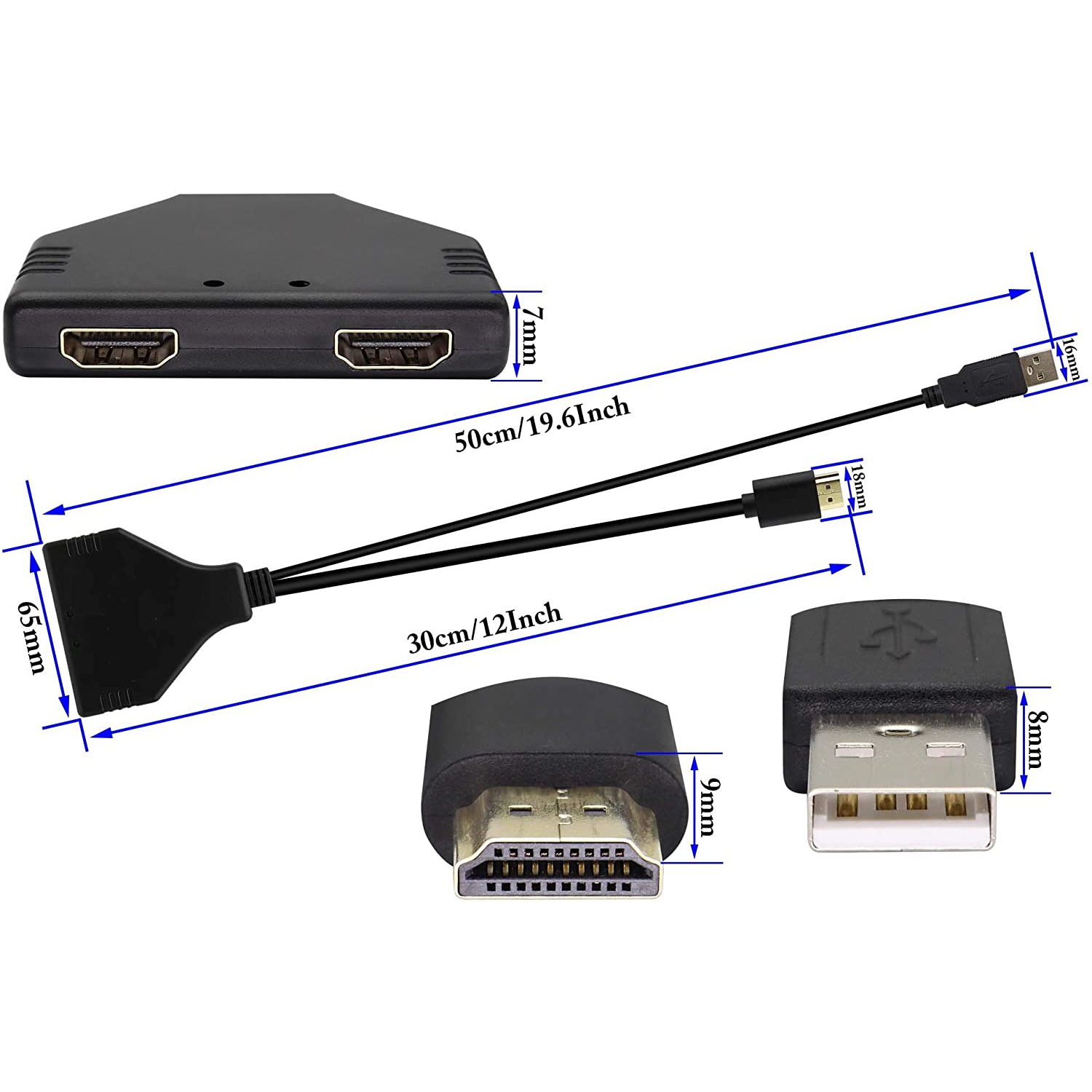 1080P 4K HDMI 2.0 one in Two Video Splitter with USB Power Cord,with USB2.0 HDMI1 Male to HDMI2 Female