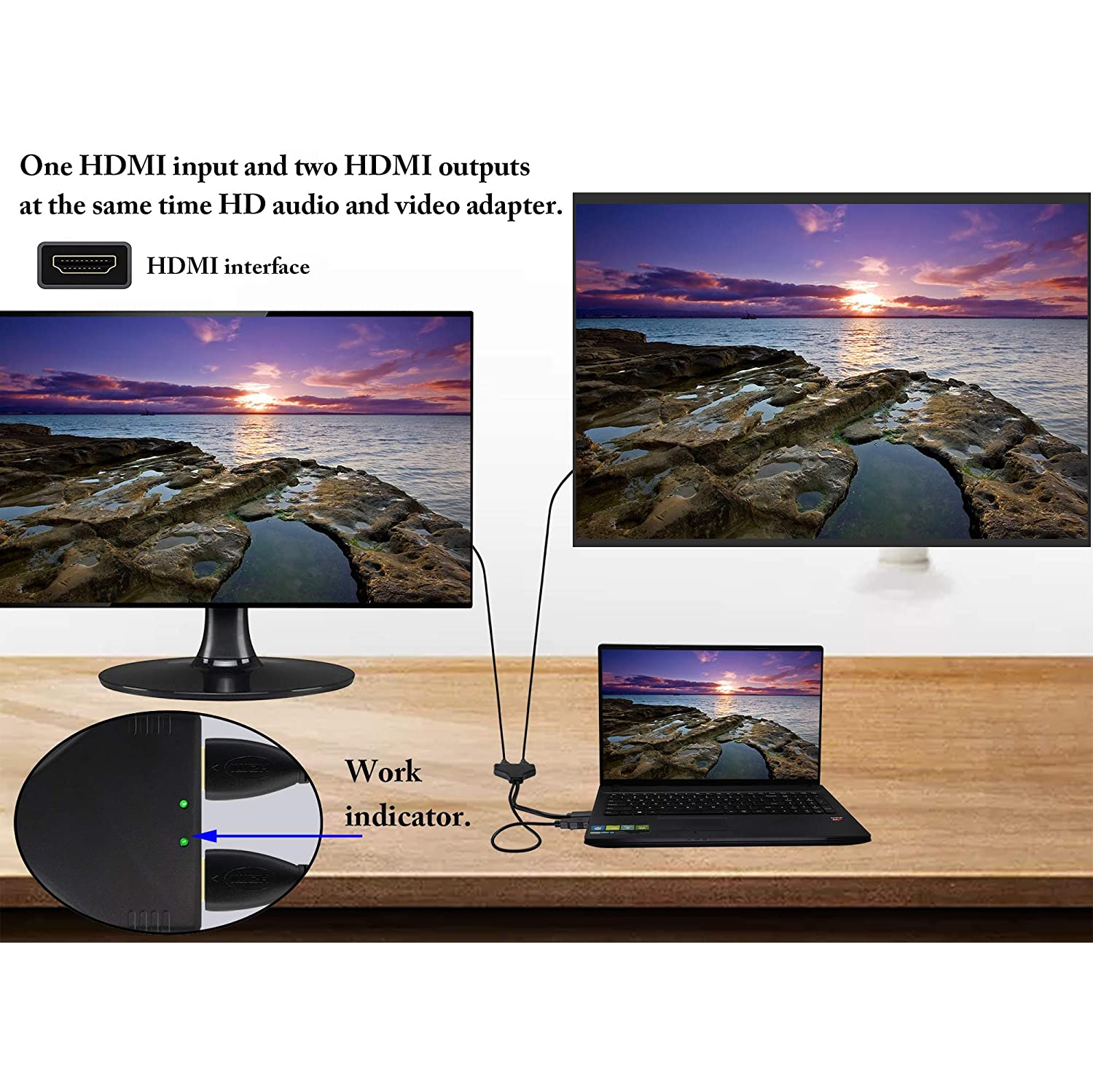 1080P 4K HDMI 2.0 one in Two Video Splitter with USB Power Cord,with USB2.0 HDMI1 Male to HDMI2 Female