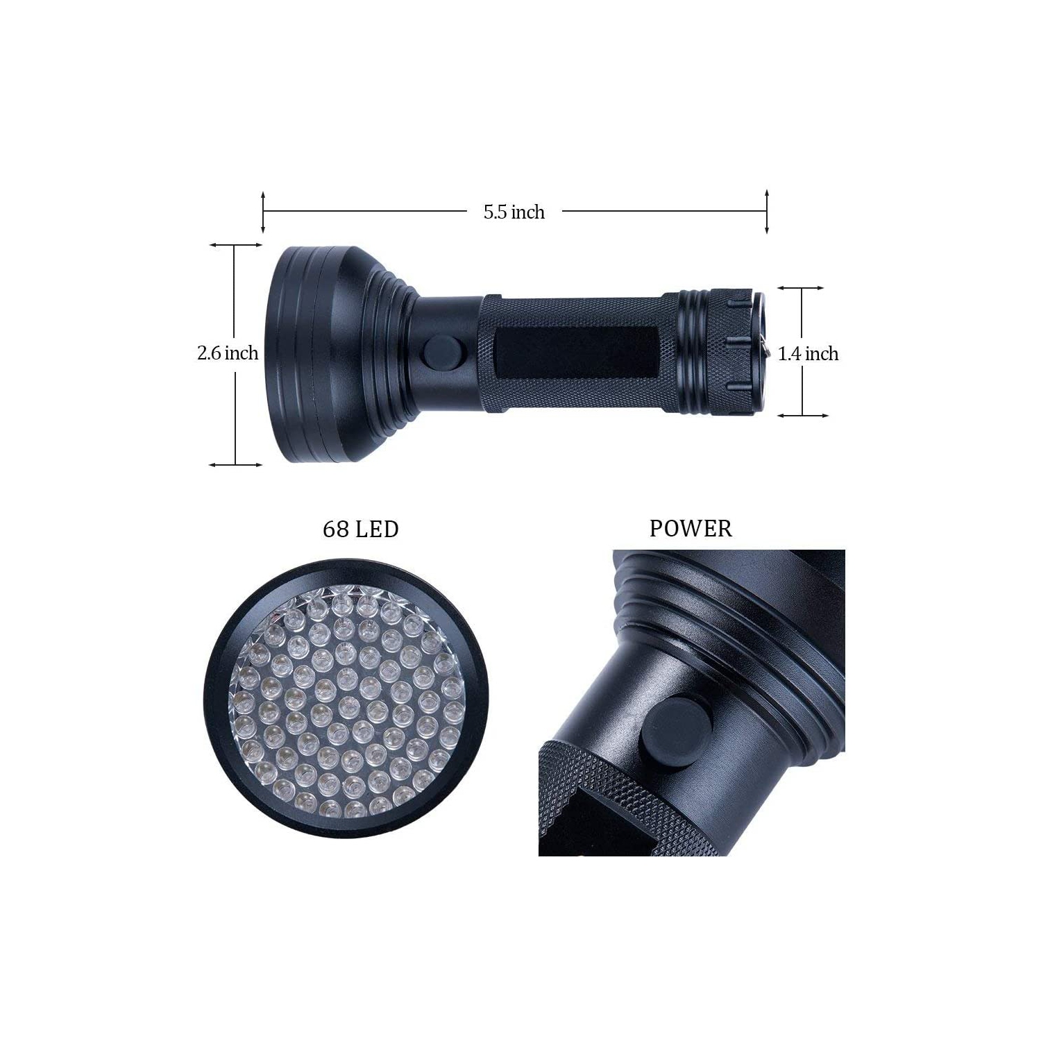 Lampe de poche UV lumière noire UV , 68 DEL 395 NM UV Blacklight détecteur d’urine pour animaux de compagnie chat,