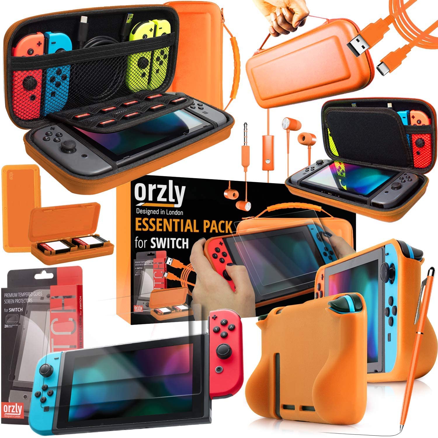 Ensemble d’accessoires pour Switch, étui de transport orange pour console Nintendo Switch, protecteurs d’écran en verre trempé,