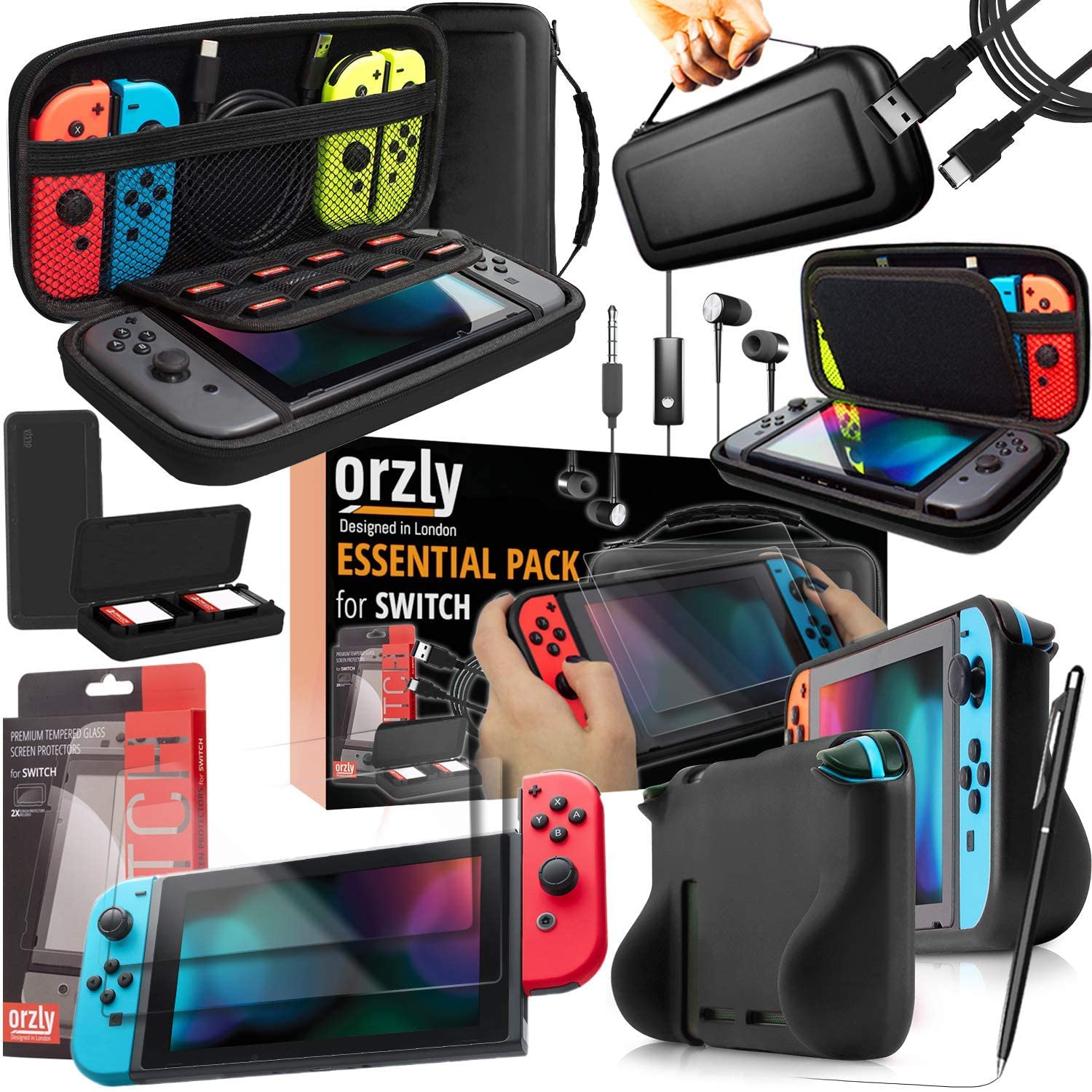Switch Accessories, Essentials Pack for Nintendo Switch (Bundle Includes: Glass Screen Protectors, USB Charging