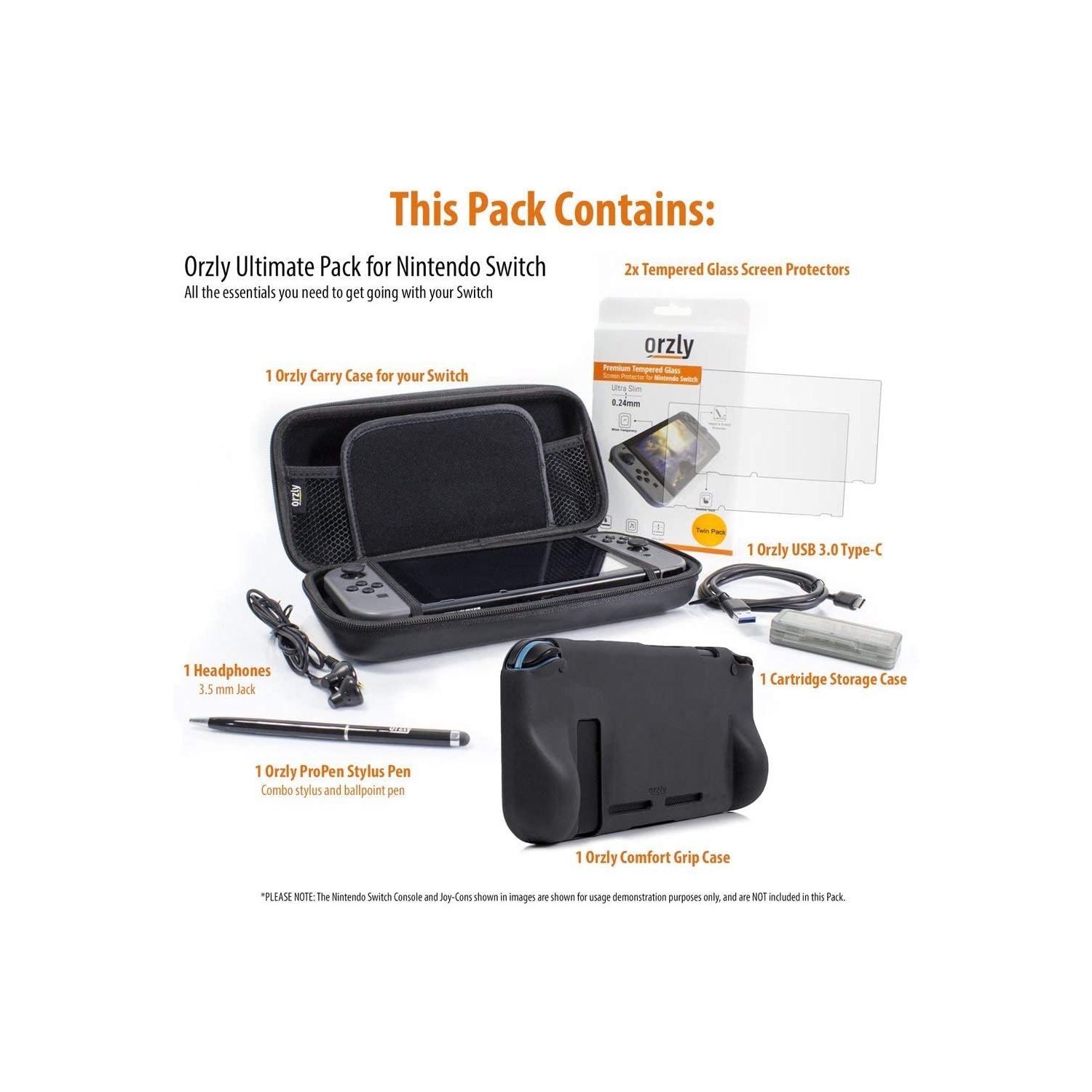 Switch Accessories, Essentials Pack for Nintendo Switch (Bundle Includes: Glass Screen Protectors, USB Charging