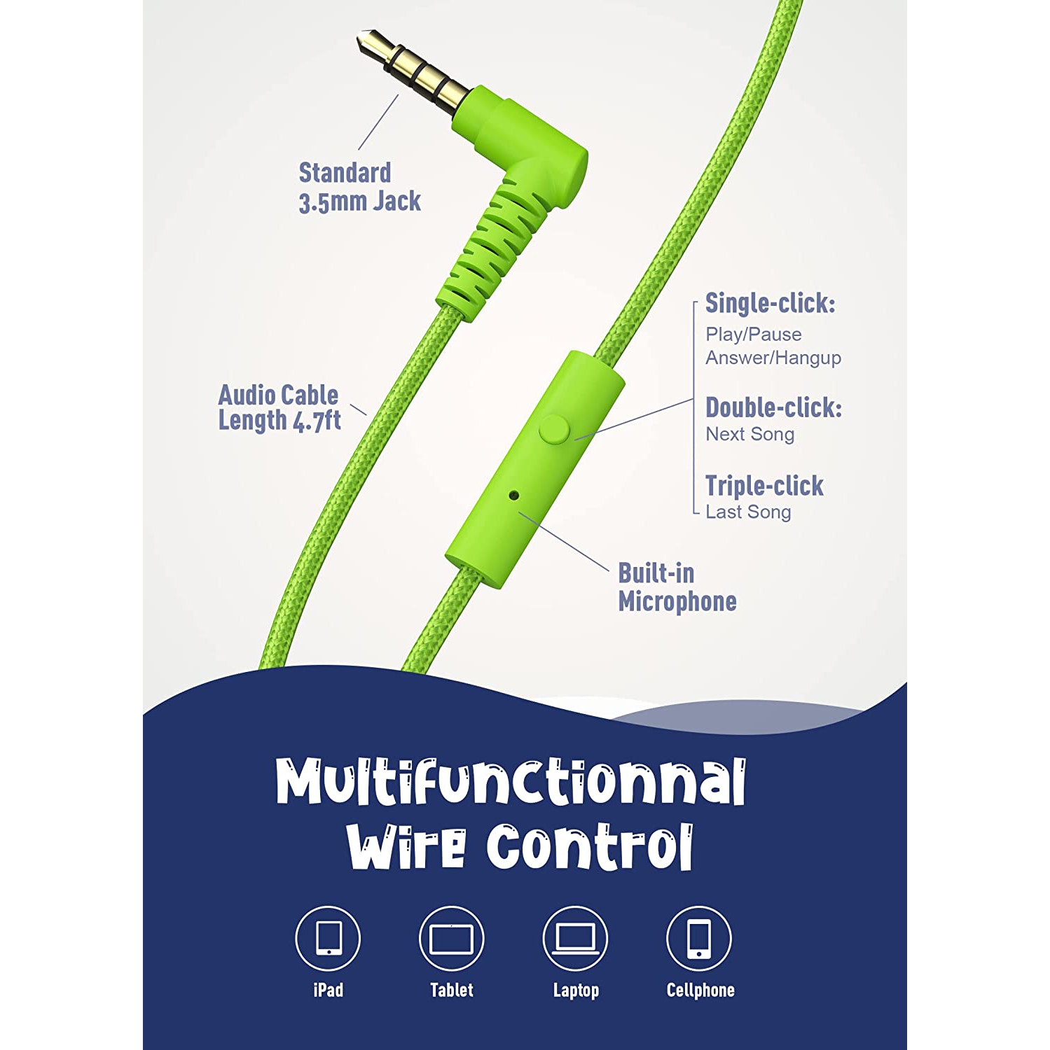 I35 Kid Headphones with Microphone Volume Limited 85dB Children Girls Boys Teen Lightweight Foldable Wired