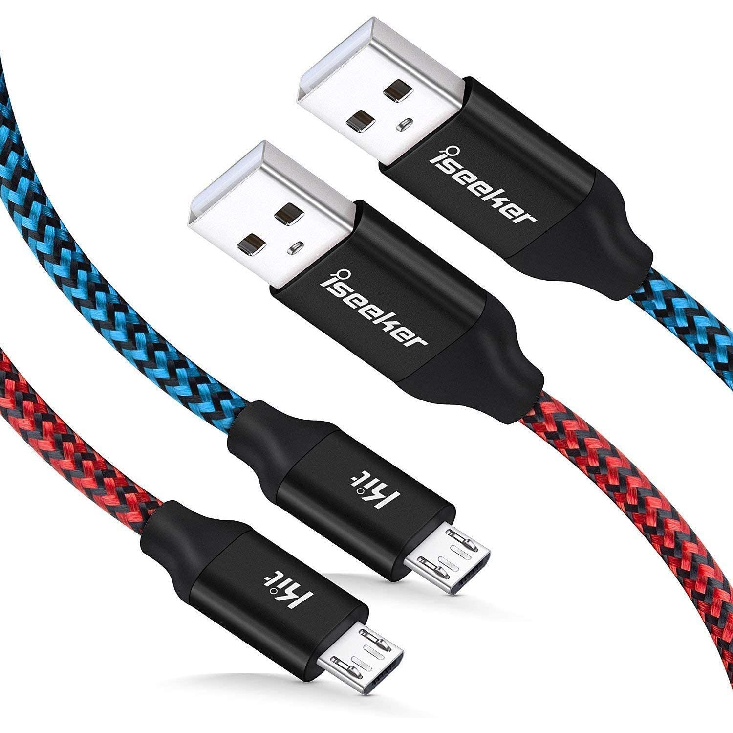 Câble micro USB de 15 pi, câbles de recharge Andorid tissé extra long, paquet de 2 micro USB colorés vers USB 2.0