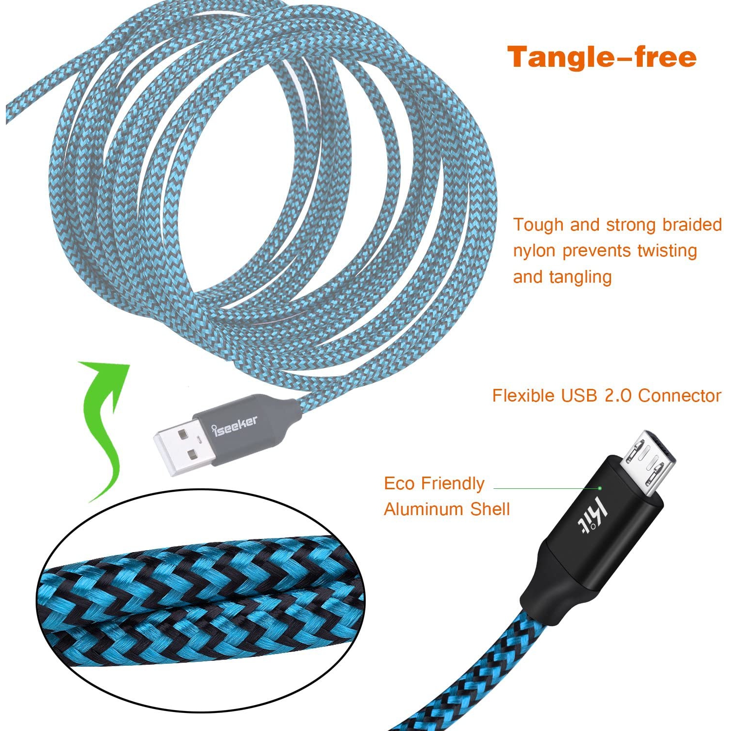 Câble micro USB de 15 pi, câbles de recharge Andorid tissé extra long, paquet de 2 micro USB colorés vers USB 2.0
