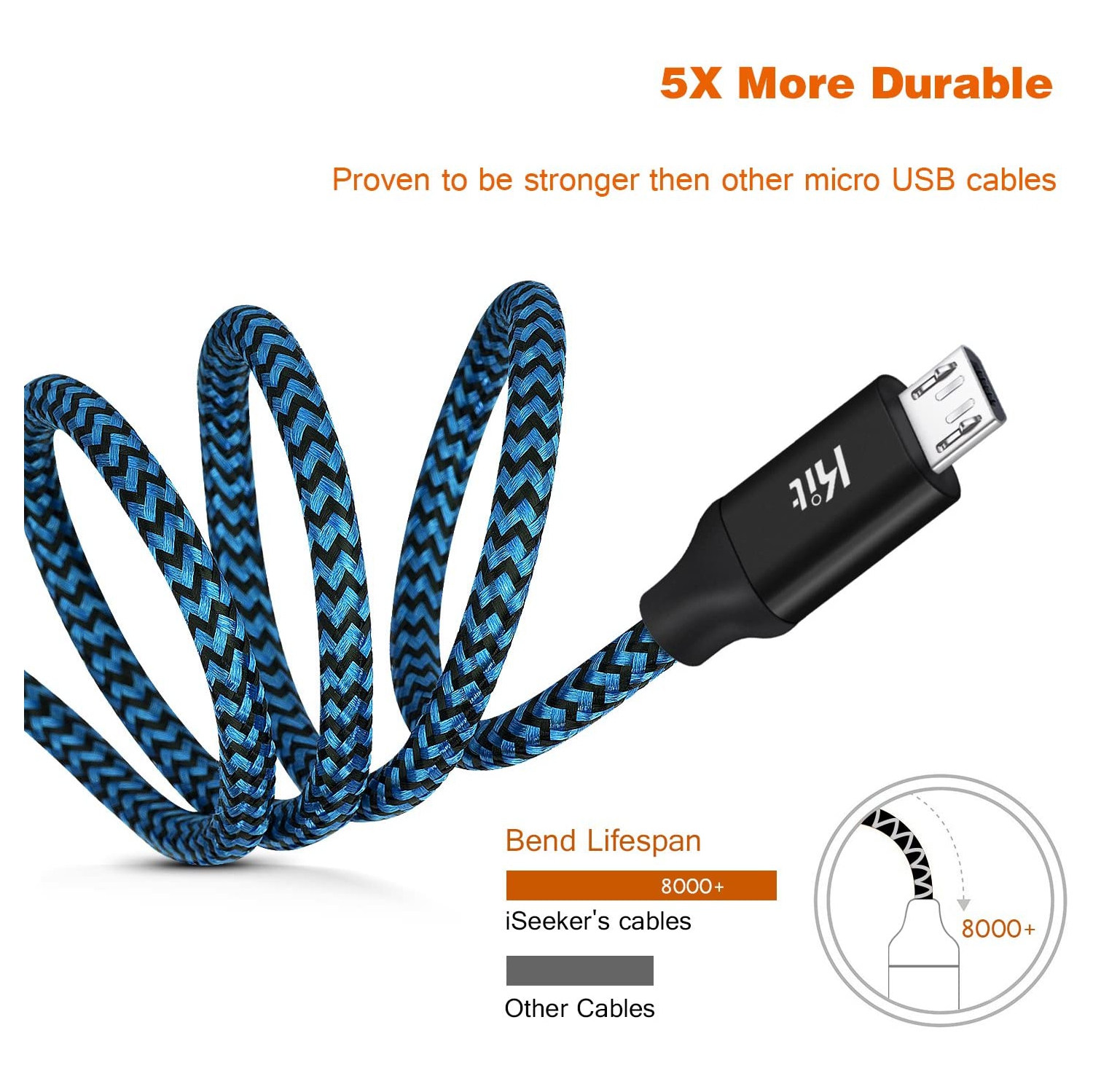 Câble micro USB de 15 pi, câbles de recharge Andorid tissé extra long, paquet de 2 micro USB colorés vers USB 2.0