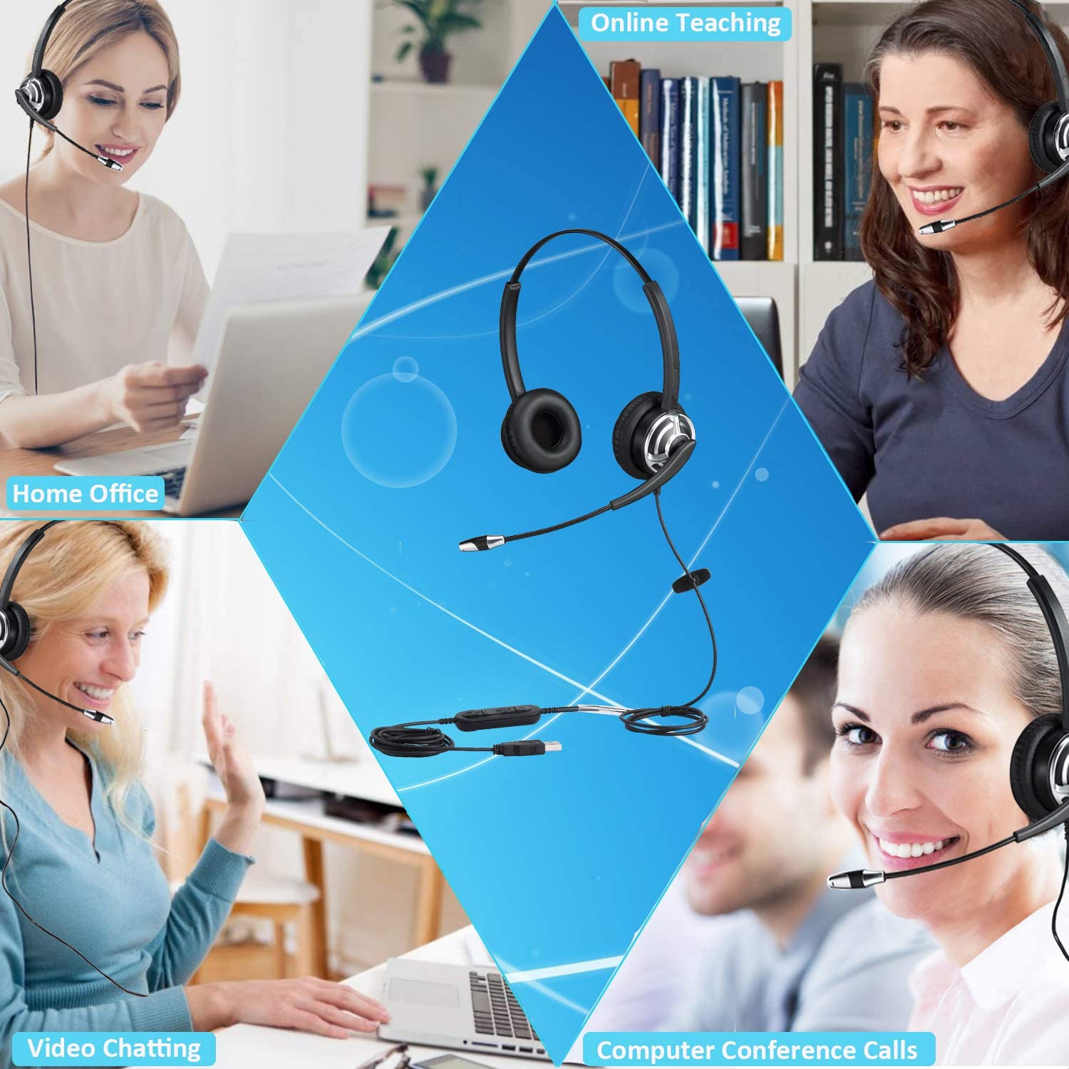 USB Telephone Headset with Microphone Computer PC Headset Dual Ear for Skype Chat, Online Learing, Conference Calls,