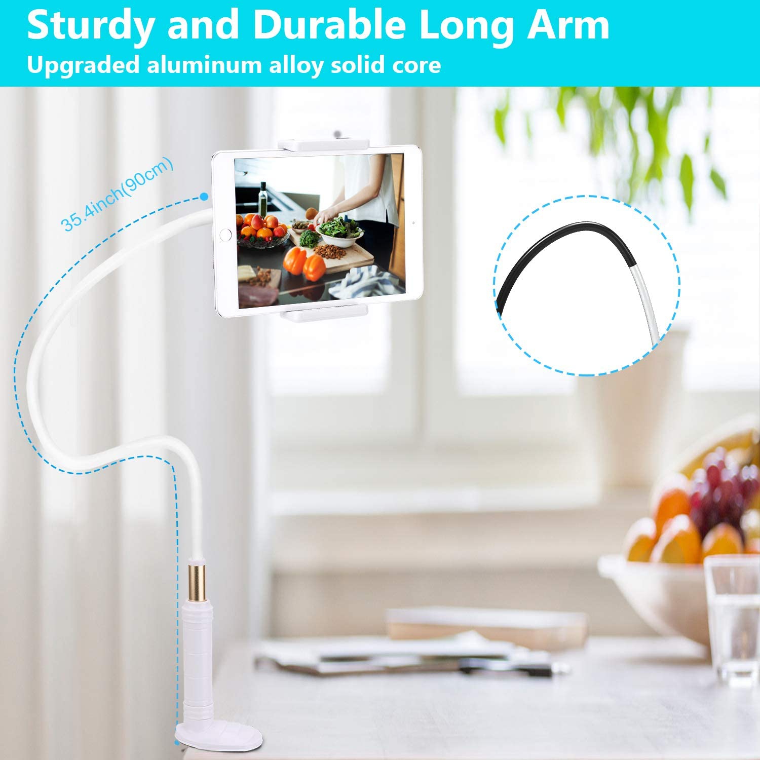 Tablet Holder, Adjustable Lengthened Gooseneck Phone Tablet Mount, Compatible with Tablets Phones and All Device