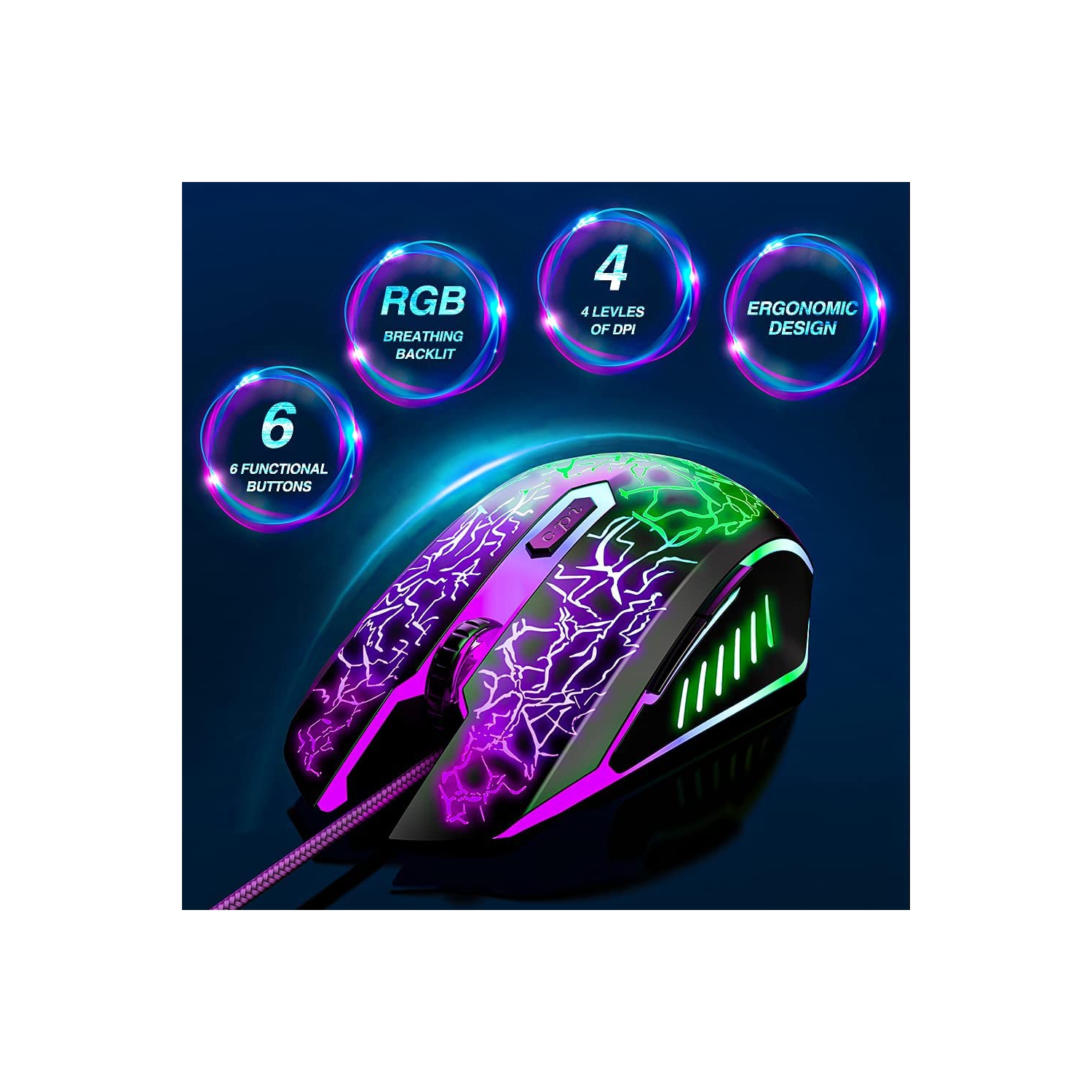 Gaming Mouse Wired, USB Computer Mice with RGB Backlit, 4 Adjustable DPI Up to 3600, Ergonomic Gamer