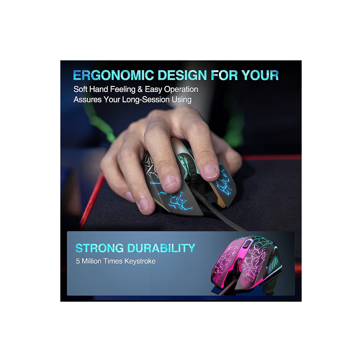 Gaming Mouse Wired, USB Computer Mice with RGB Backlit, 4 Adjustable DPI Up to 3600, Ergonomic Gamer