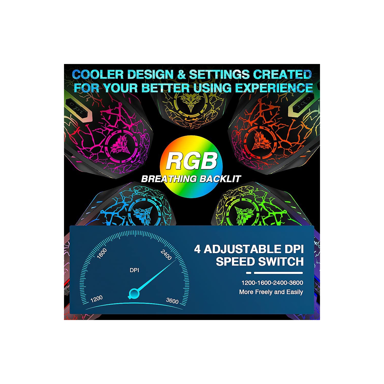 Gaming Mouse Wired, USB Computer Mice with RGB Backlit, 4 Adjustable DPI Up to 3600, Ergonomic Gamer