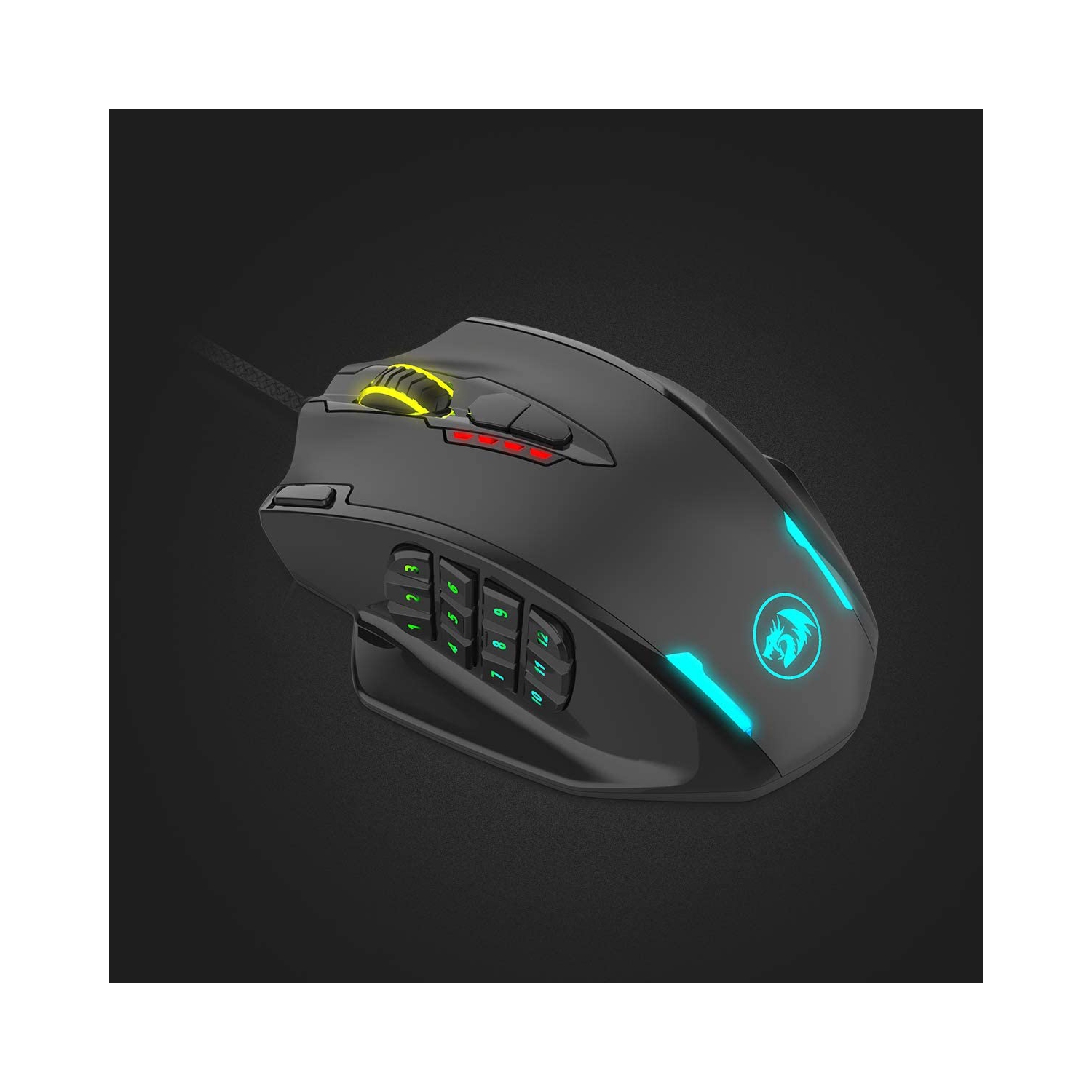 R M908 Impact RGB Gaming Mouse, 12,400 DPI Wired Laser MMO Mouse with High Precision Actuation, 12 Macro Side