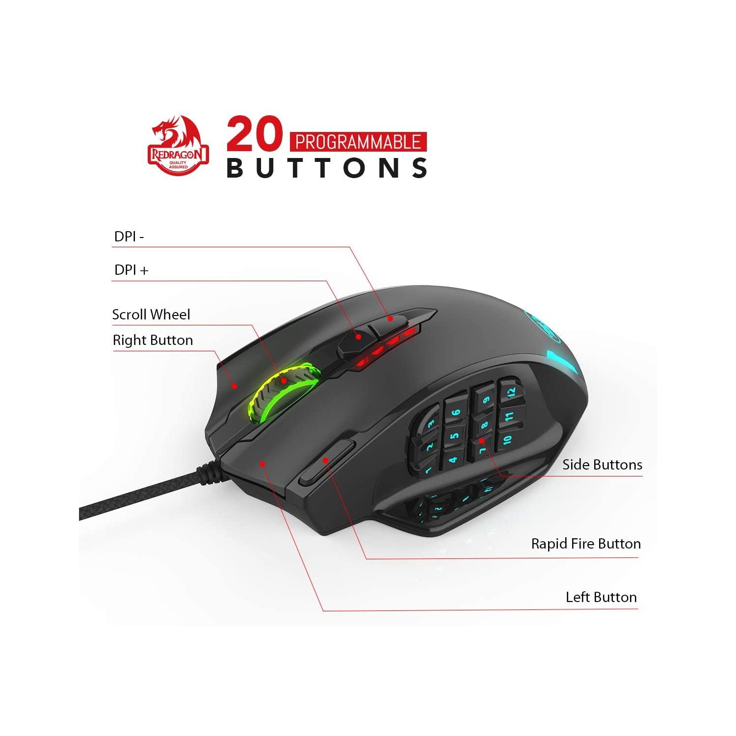 R M908 Impact RGB Gaming Mouse, 12,400 DPI Wired Laser MMO Mouse with High Precision Actuation, 12 Macro Side