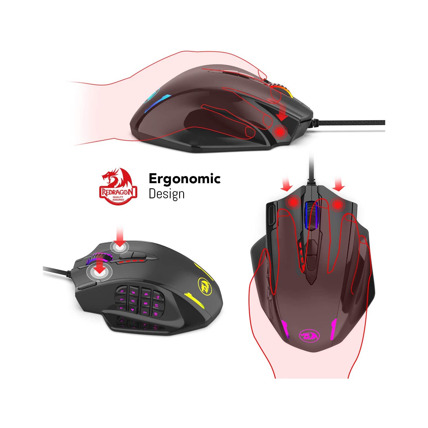 R M908 Impact RGB Gaming Mouse, 12,400 DPI Wired Laser MMO Mouse with High Precision Actuation, 12 Macro Side