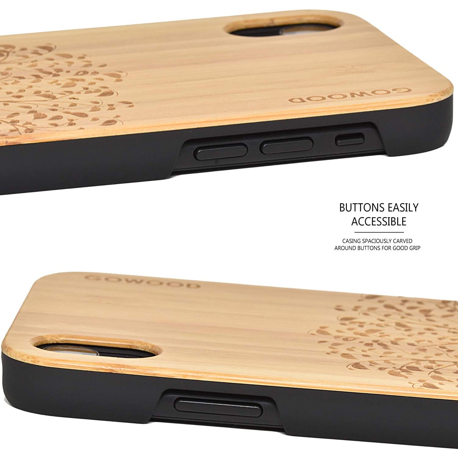 iPhone XR Wood Case | Real Bamboo Tree Engraved Wooden Backplate with Polycarbonate Protective BumCooper and Shock