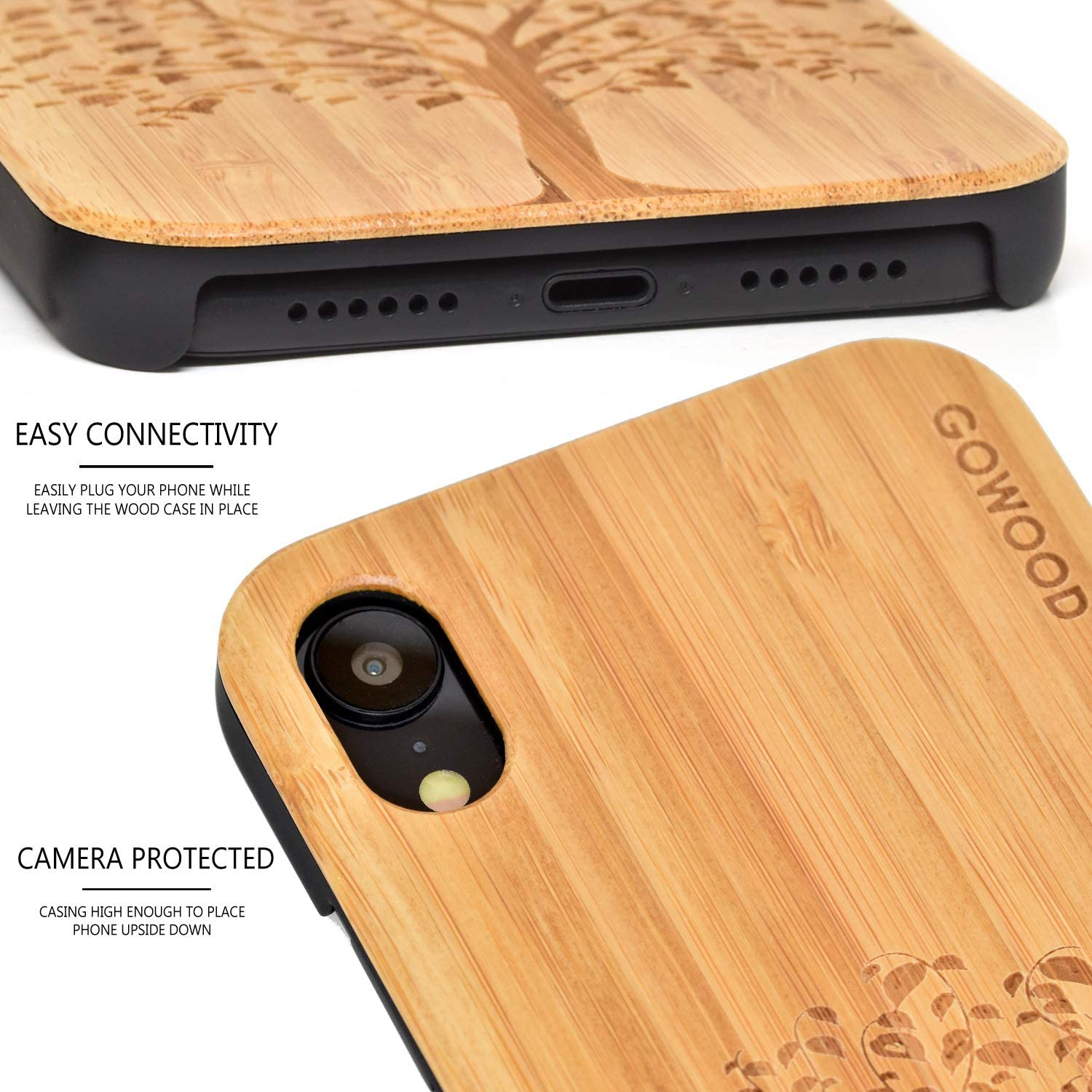 iPhone XR Wood Case | Real Bamboo Tree Engraved Wooden Backplate with Polycarbonate Protective BumCooper and Shock