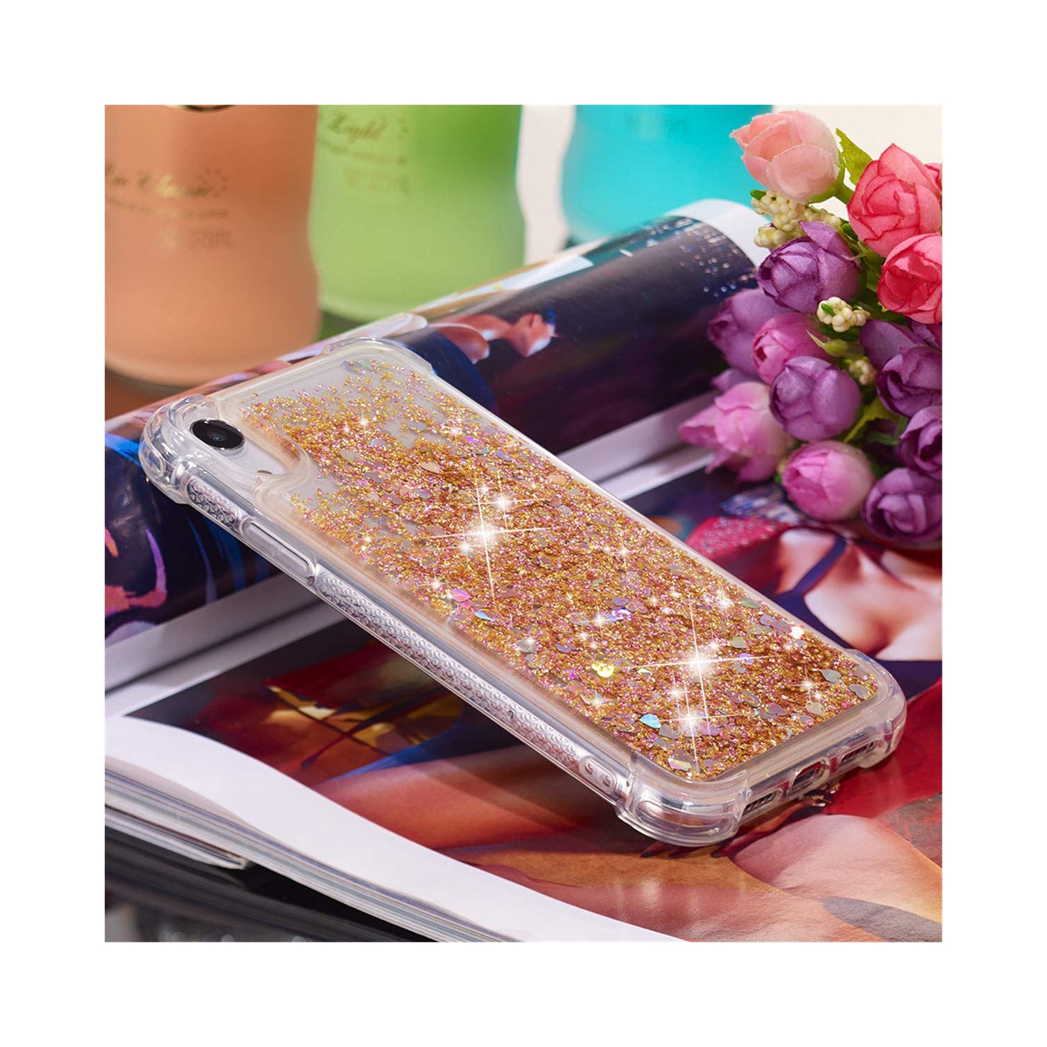 iPhone XR Case, [Anti-Scratch] Flexible Bling Glitter Love Heart Floating Liquid Flowing Sparkle Case TPU