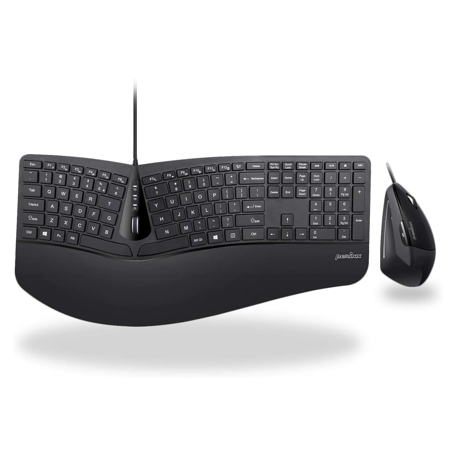 Periduo-505, Wired USB Ergonomic Split Keyboard and Vertical Mouse Combo with Adjustable Palm Rest and Short