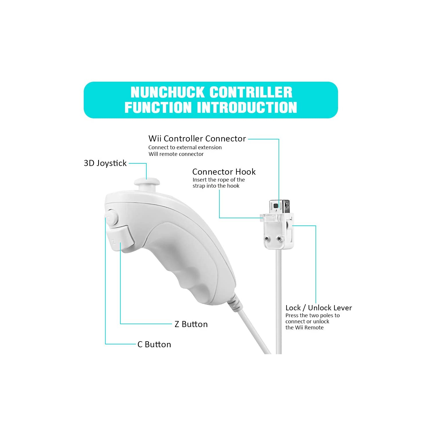 2 Pack Wii Nunchuck Controllers, Nunchuk Replacement Video Games Gamepad Controller for Wii Wii U Motion