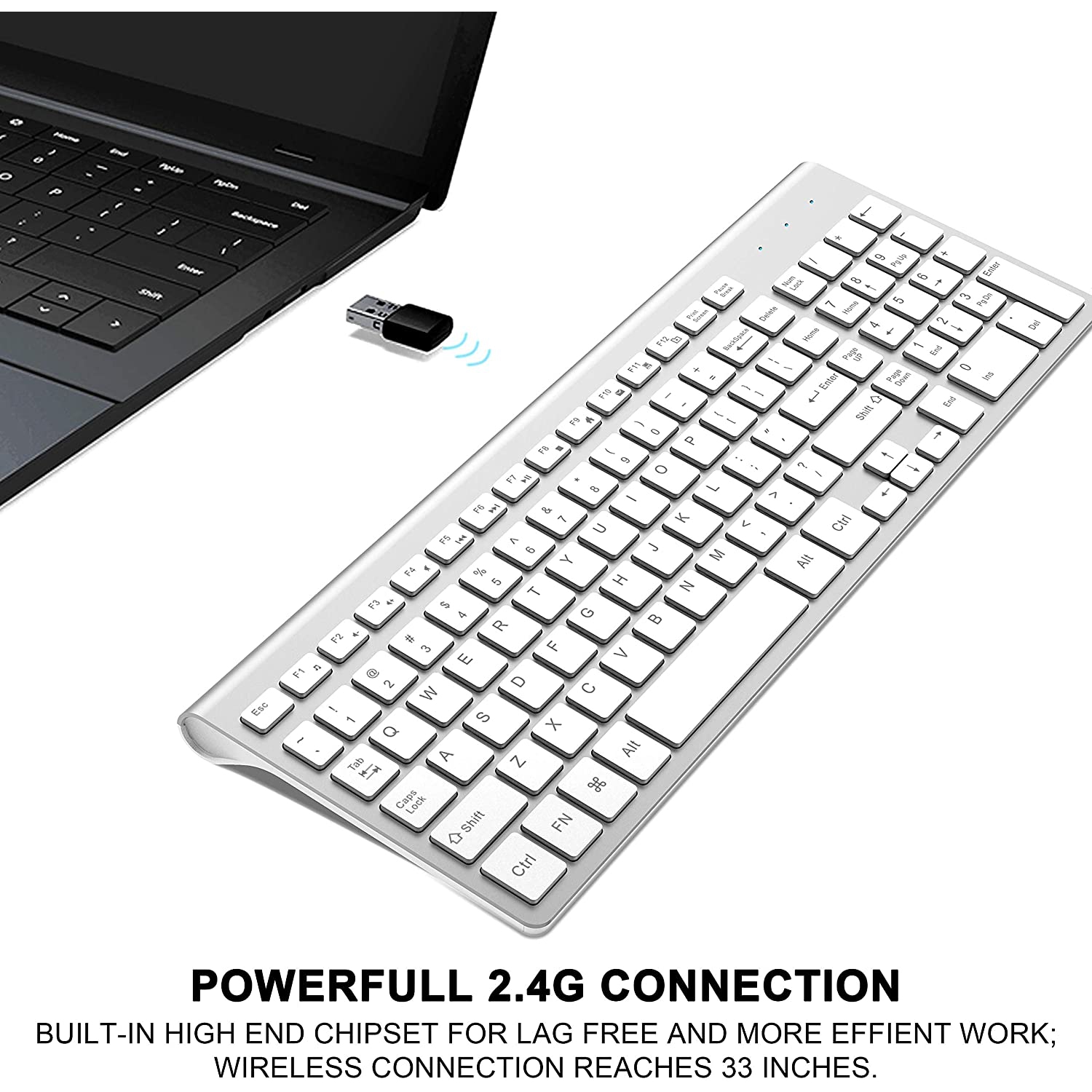 Wireless Keyboard, 2.4G Slim Compact Full Size Wireless Keyboard-for PC, Mac,iMac,Desktop, Computer,