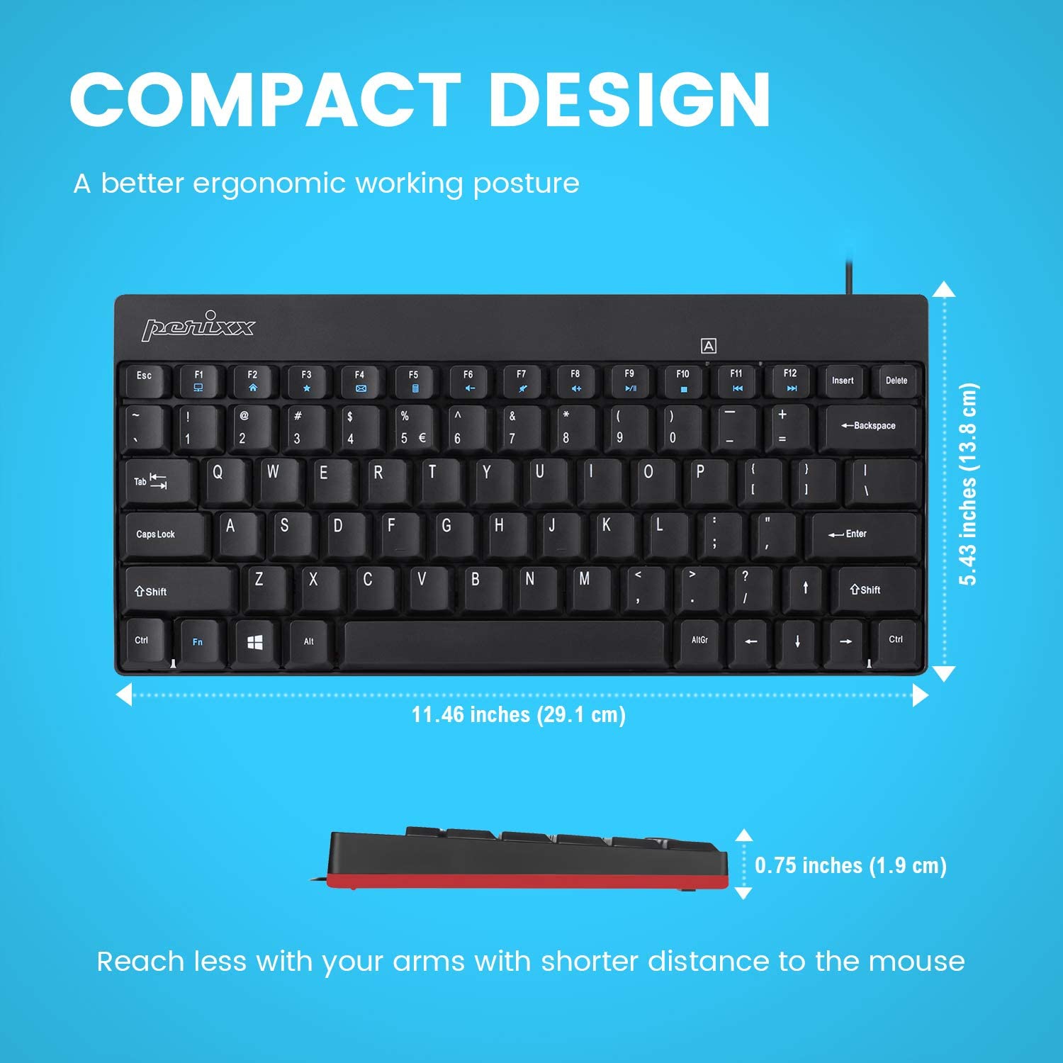 Mini clavier USB-C avec fil PeriBOARD-422, connecteur USB-C, noir, disposition anglais É.-U.