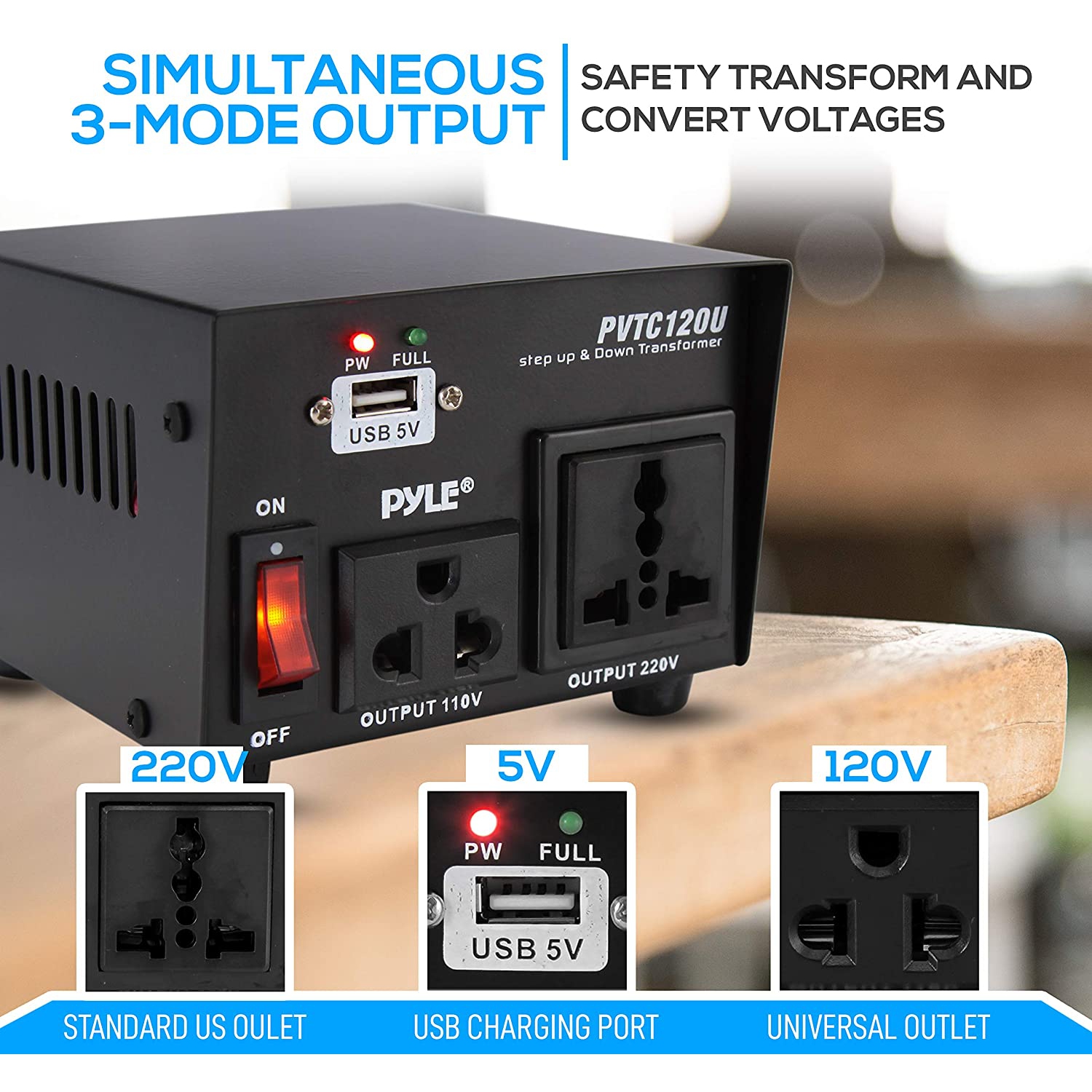 PVTC120U Step Up and Down 100-watt AC 110/220 Volts Converter Transformer with USB Charging Port